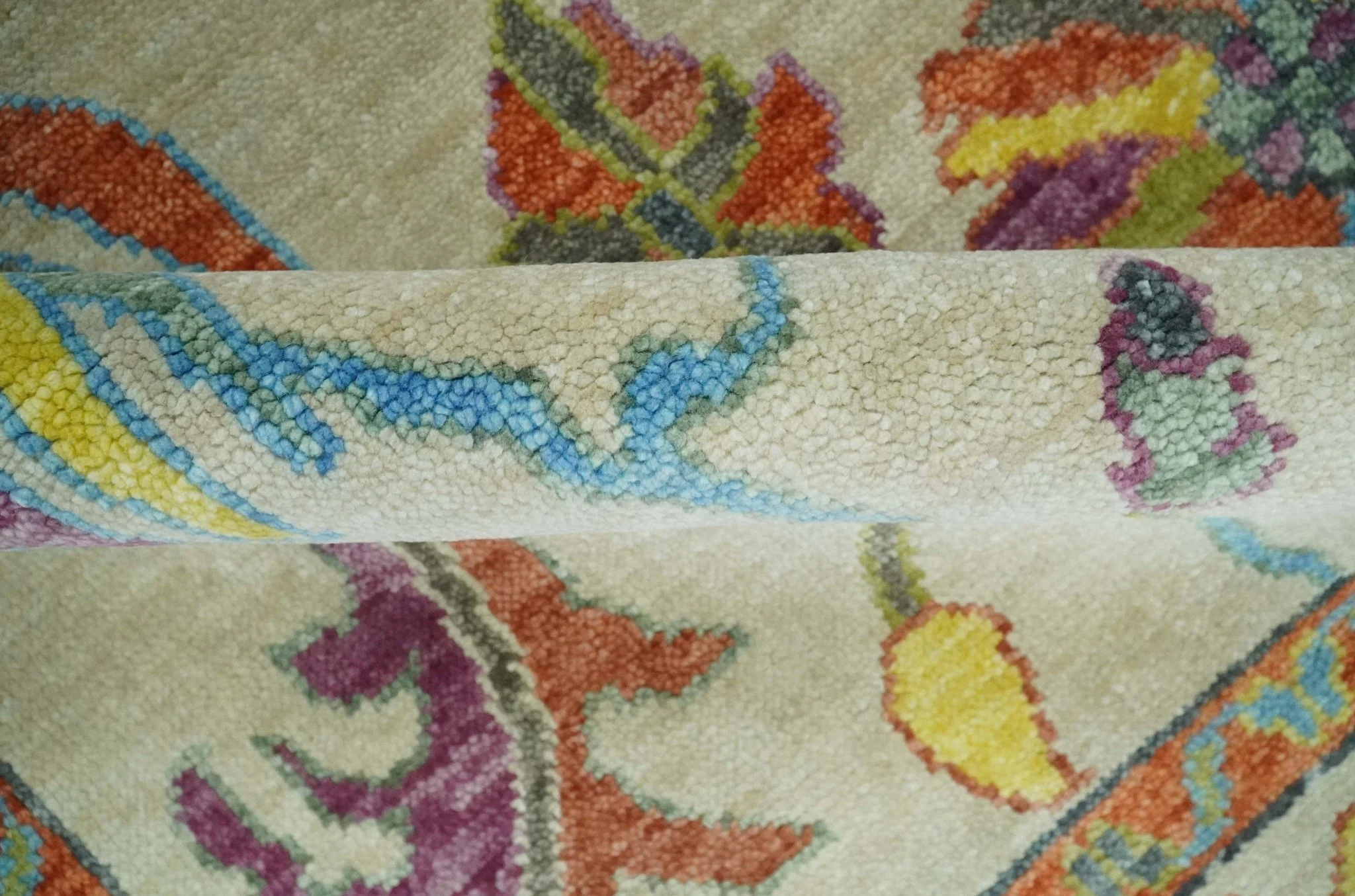 Vibrant colorful Beige, Rust, Blue and Mustard Hand Knotted Traditional Oushak Multi Size wool Area Rug - Image 10