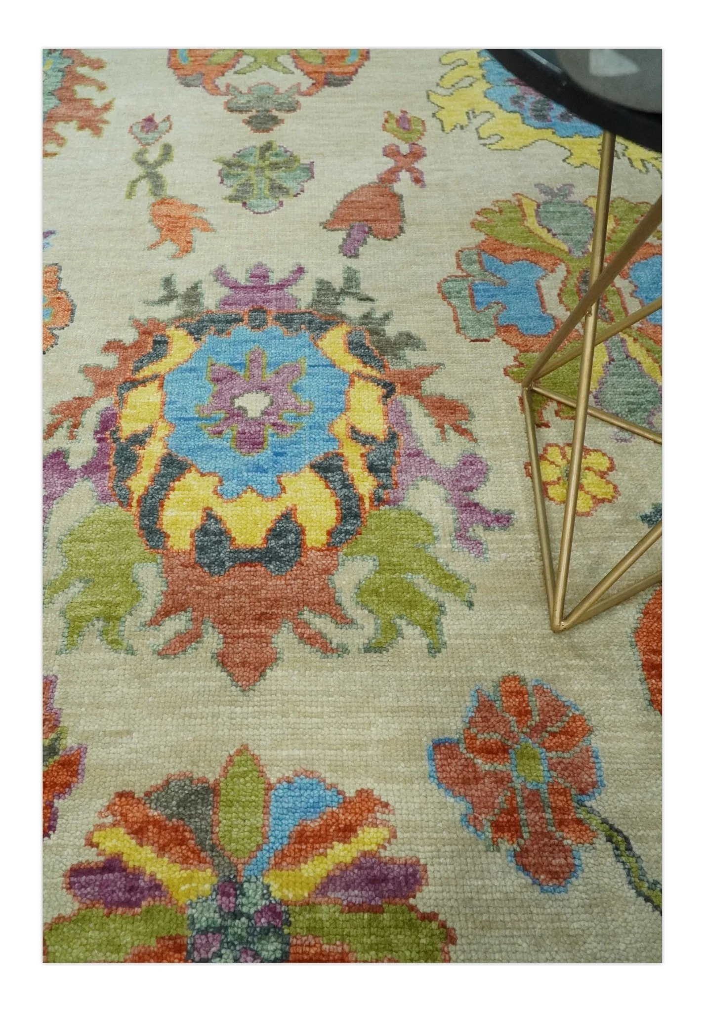 Vibrant colorful Beige, Rust, Blue and Mustard Hand Knotted Traditional Oushak Multi Size wool Area Rug - Image 2