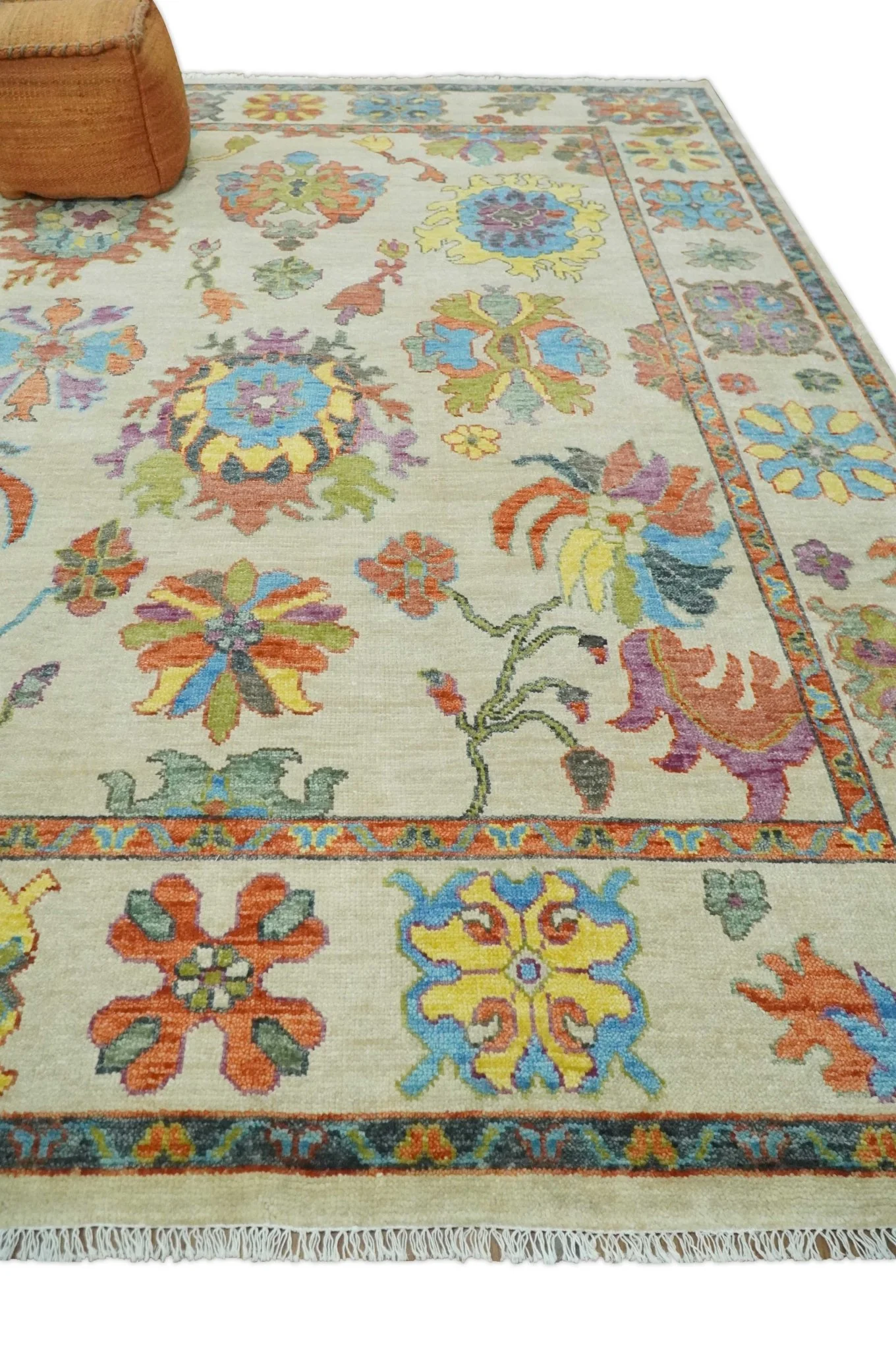Vibrant colorful Beige, Rust, Blue and Mustard Hand Knotted Traditional Oushak Multi Size wool Area Rug - Image 3