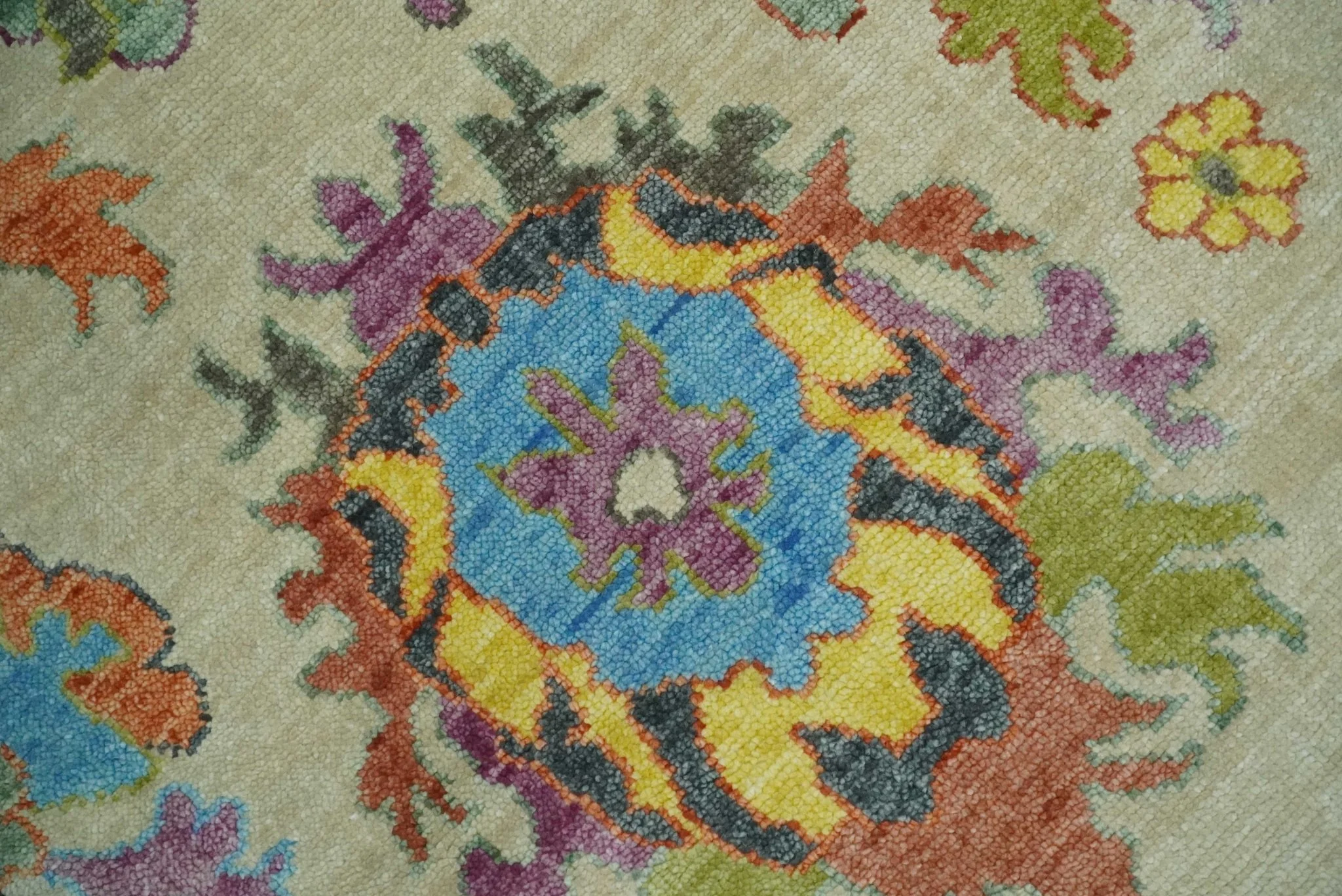 Vibrant colorful Beige, Rust, Blue and Mustard Hand Knotted Traditional Oushak Multi Size wool Area Rug - Image 4