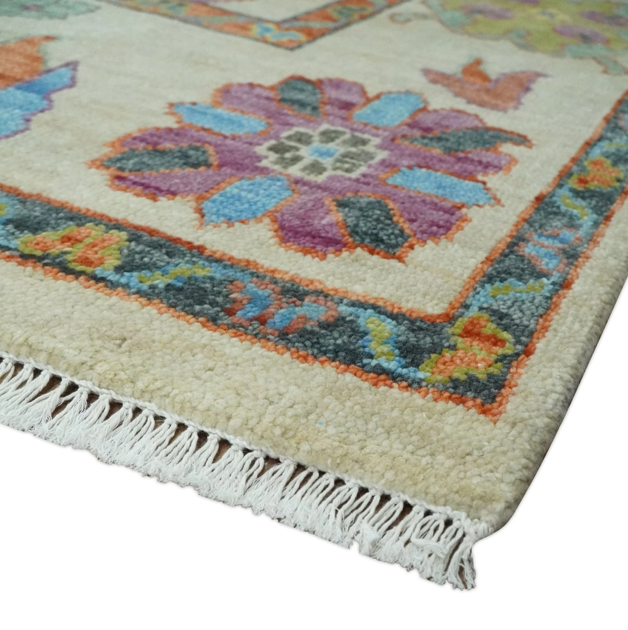 Vibrant colorful Beige, Rust, Blue and Mustard Hand Knotted Traditional Oushak Multi Size wool Area Rug - Image 5
