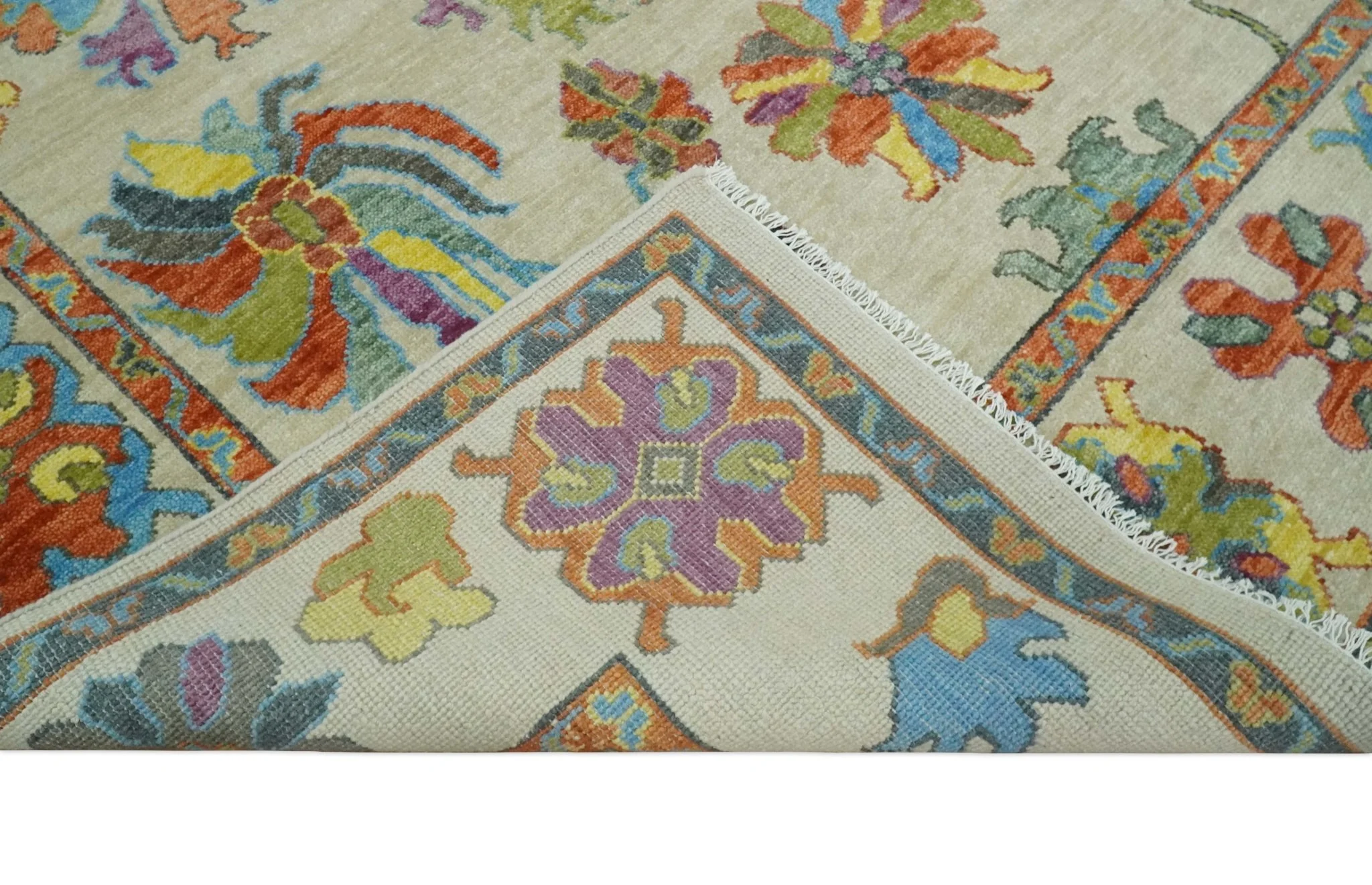 Vibrant colorful Beige, Rust, Blue and Mustard Hand Knotted Traditional Oushak Multi Size wool Area Rug - Image 6