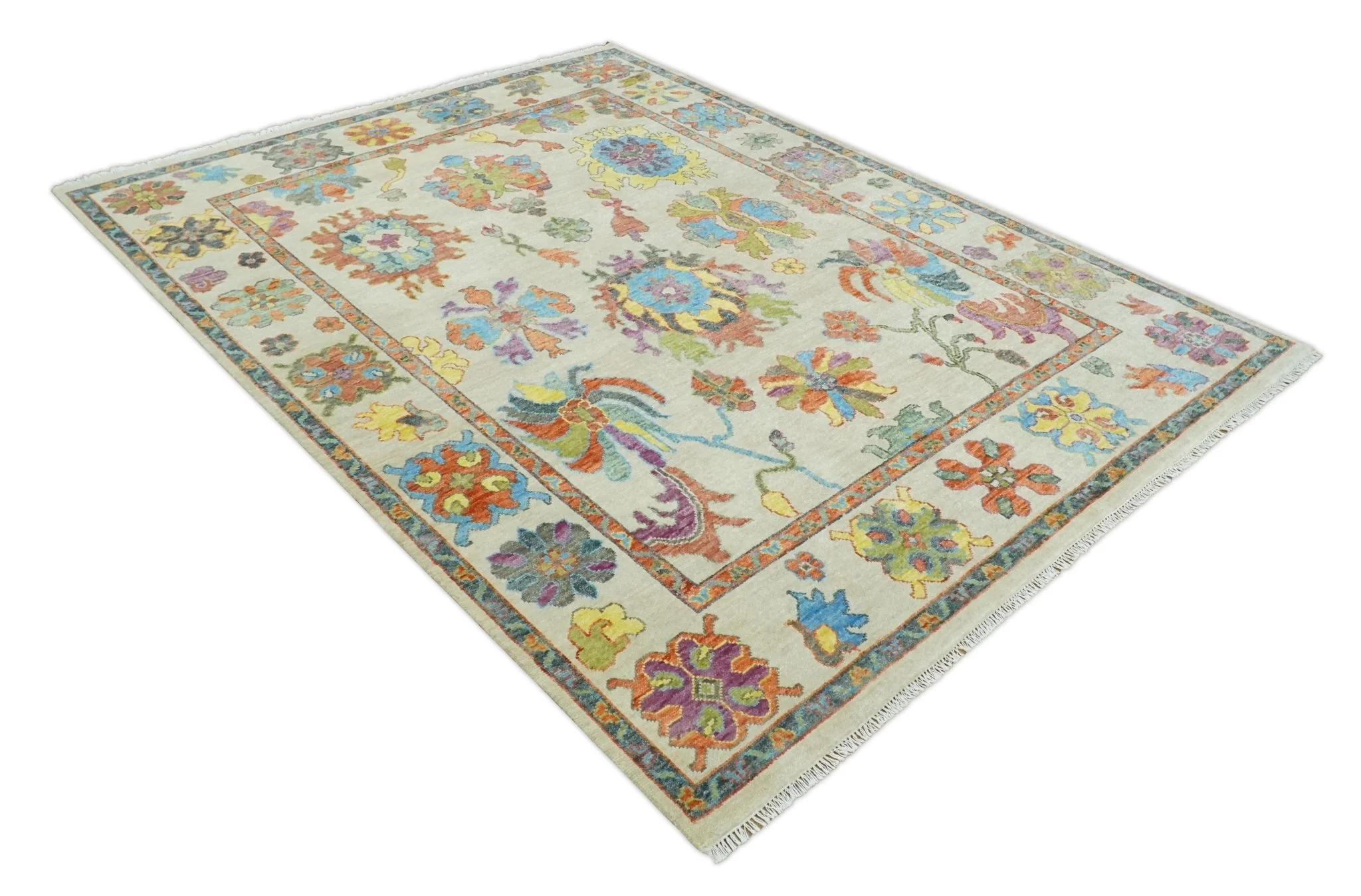 Vibrant colorful Beige, Rust, Blue and Mustard Hand Knotted Traditional Oushak Multi Size wool Area Rug - Image 8