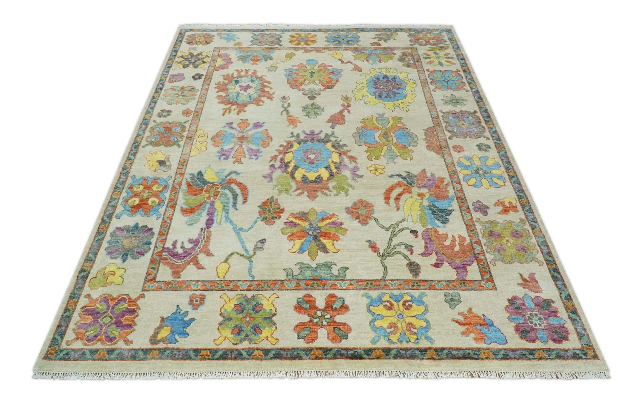 Vibrant colorful Beige, Rust, Blue and Mustard Hand Knotted Traditional Oushak Multi Size wool Area Rug - Image 9