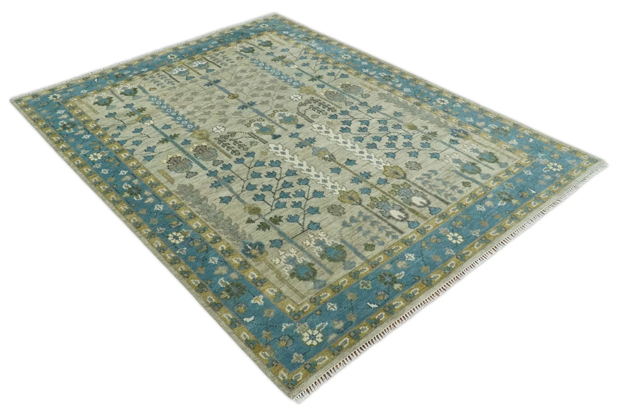Tree of life Hand Knotted Traditional Beige and Blue Vintage Style Custom Made Wool Area Rug - Image 10