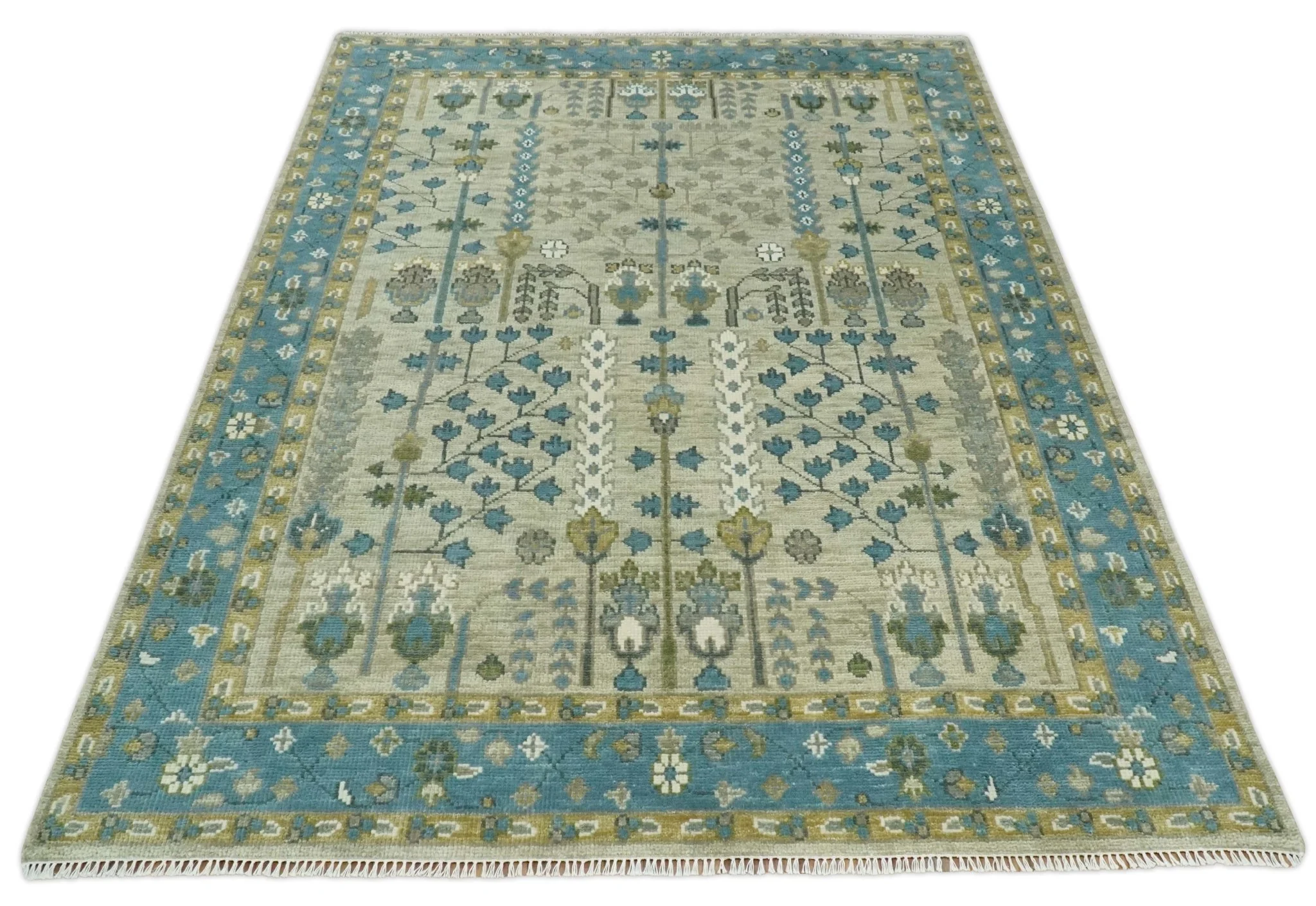 Tree of life Hand Knotted Traditional Beige and Blue Vintage Style Custom Made Wool Area Rug - Image 11