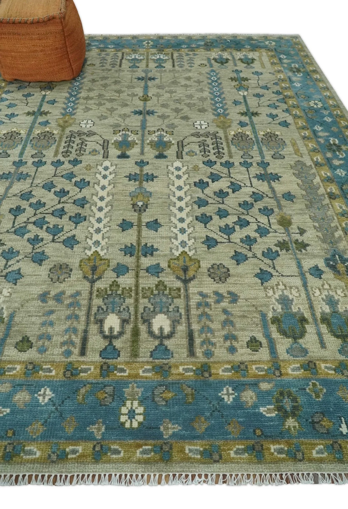 Tree of life Hand Knotted Traditional Beige and Blue Vintage Style Custom Made Wool Area Rug - Image 4