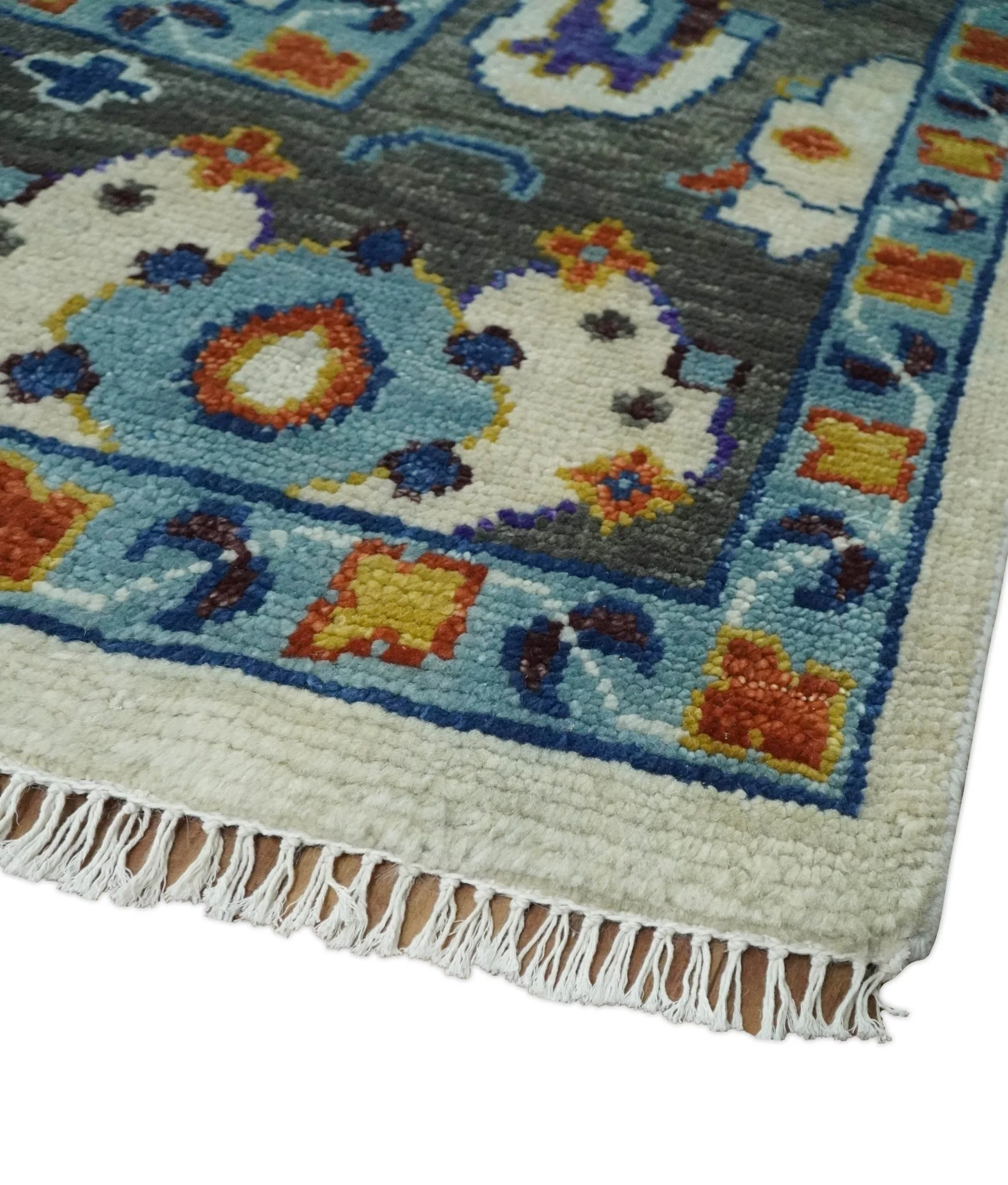 Vibrant Colorful Hand Knotted Ivory, Charcoal and Blue Traditional Oushak Multi size Wool Area Rug - Image 11
