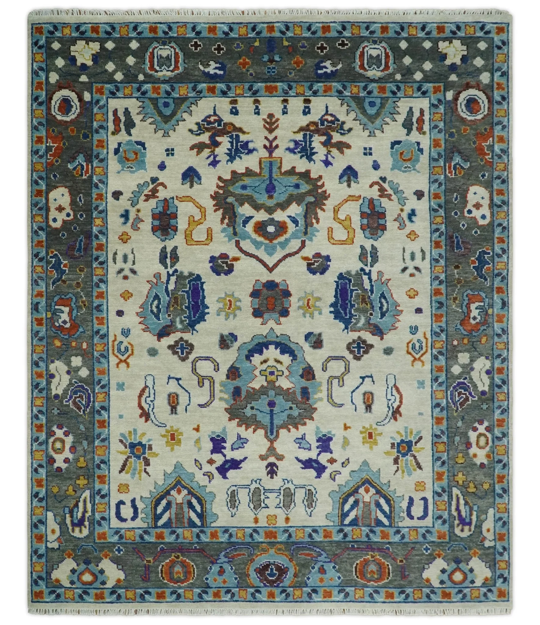 Vibrant Colorful Hand Knotted Ivory, Charcoal and Blue Traditional Oushak Multi size Wool Area Rug - Image 12