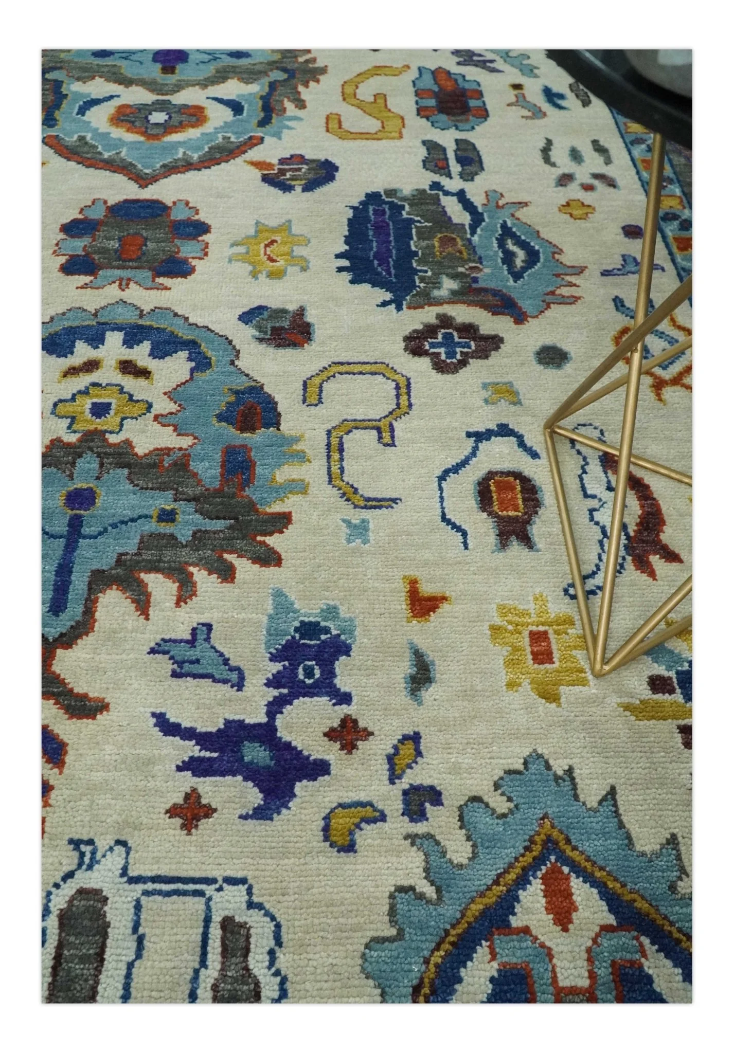 Vibrant Colorful Hand Knotted Ivory, Charcoal and Blue Traditional Oushak Multi size Wool Area Rug - Image 2