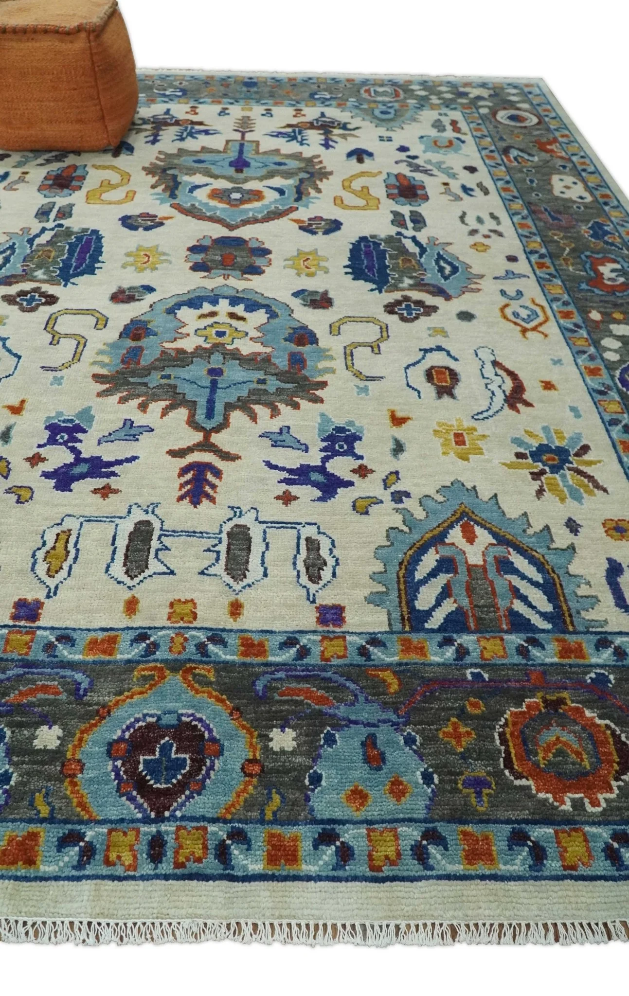 Vibrant Colorful Hand Knotted Ivory, Charcoal and Blue Traditional Oushak Multi size Wool Area Rug - Image 3