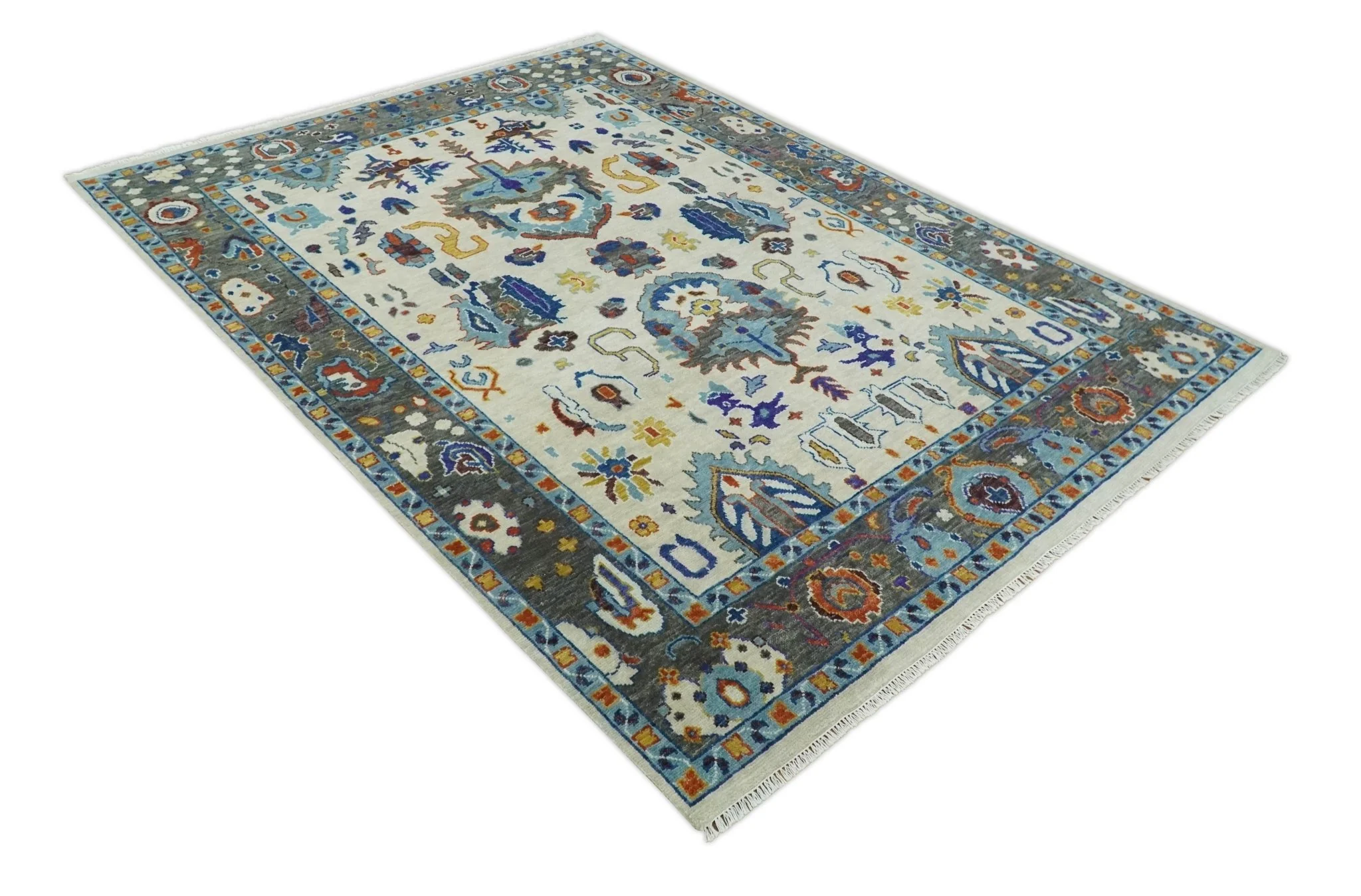 Vibrant Colorful Hand Knotted Ivory, Charcoal and Blue Traditional Oushak Multi size Wool Area Rug - Image 4