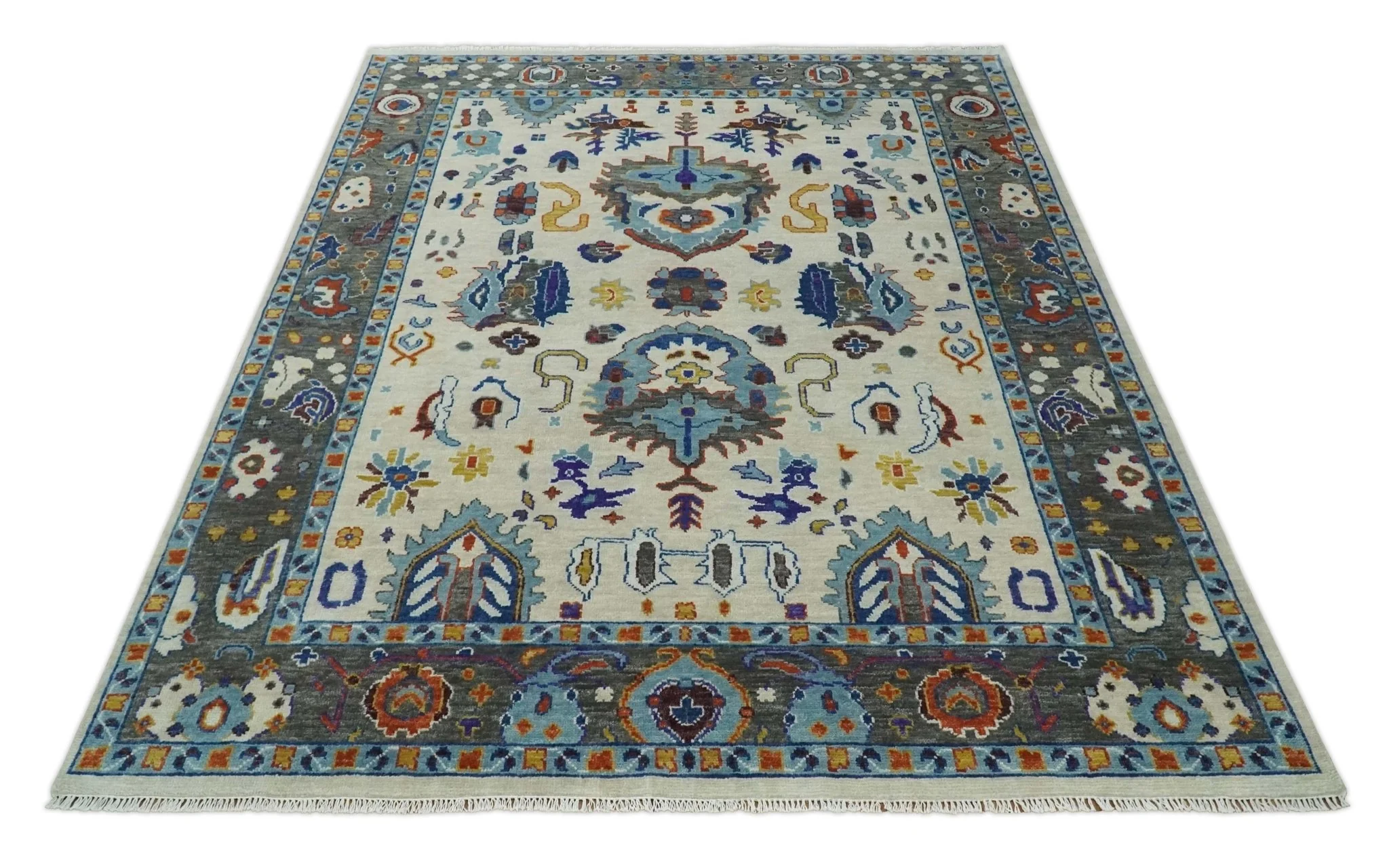 Vibrant Colorful Hand Knotted Ivory, Charcoal and Blue Traditional Oushak Multi size Wool Area Rug - Image 5