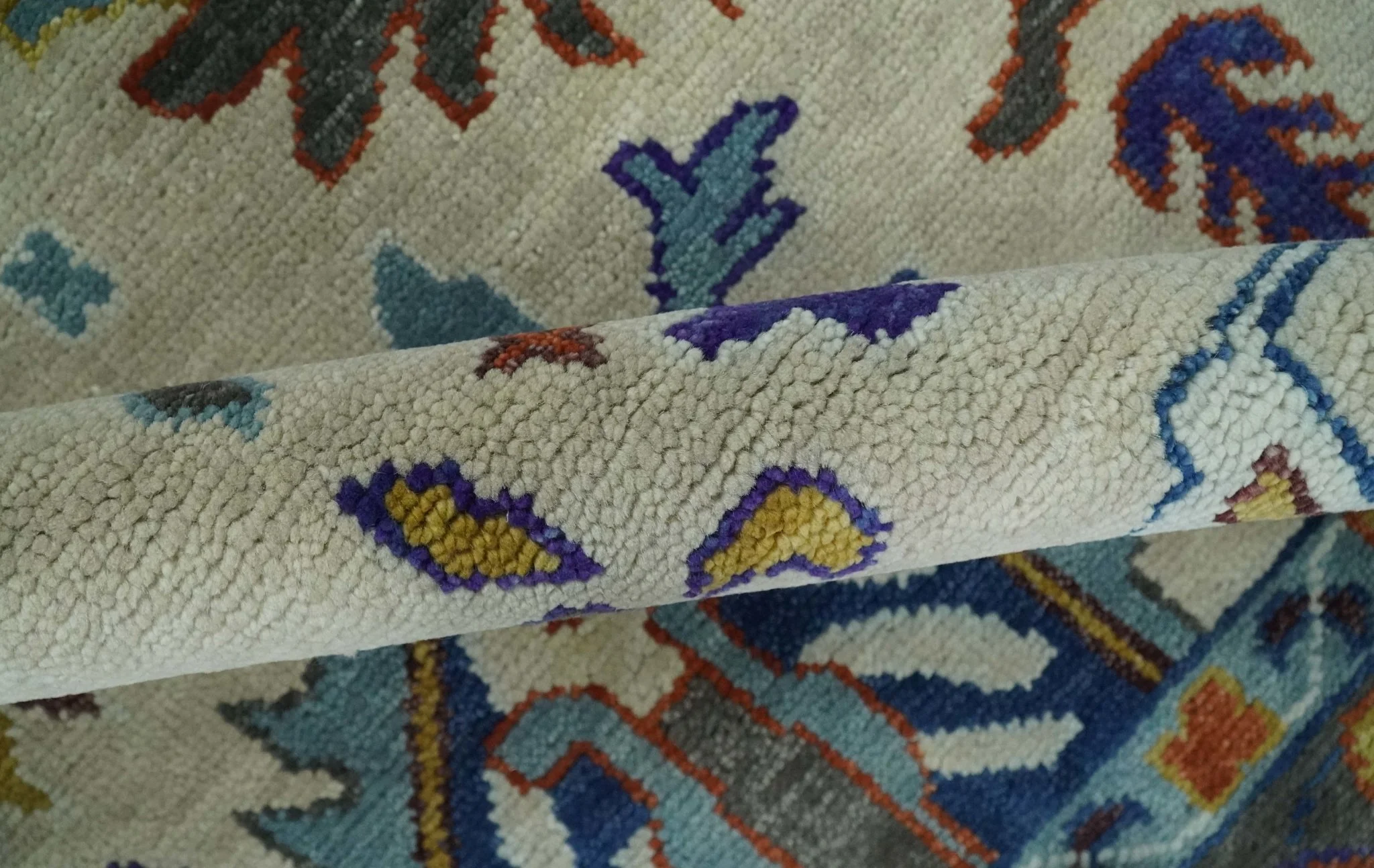 Vibrant Colorful Hand Knotted Ivory, Charcoal and Blue Traditional Oushak Multi size Wool Area Rug - Image 6