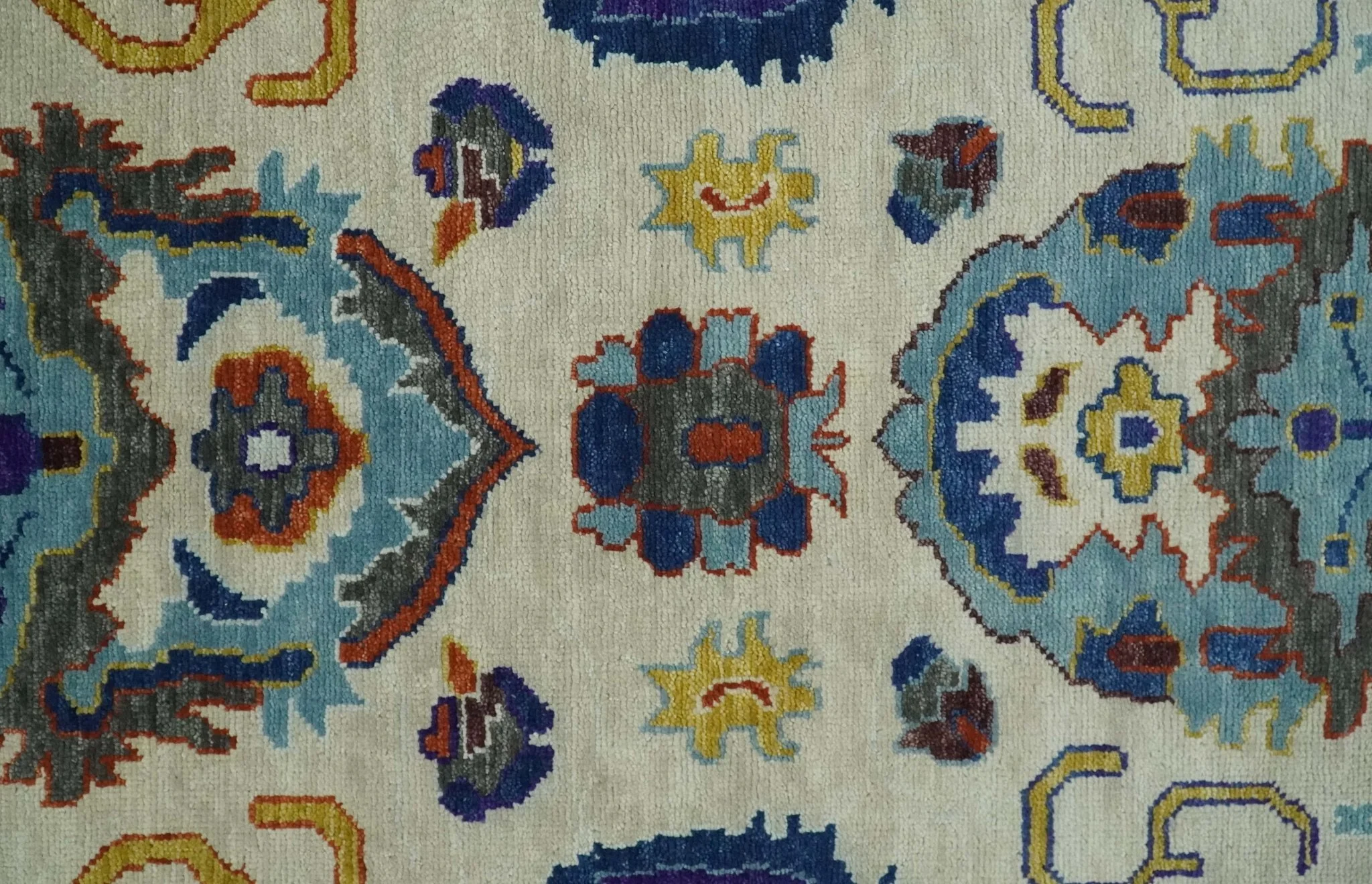 Vibrant Colorful Hand Knotted Ivory, Charcoal and Blue Traditional Oushak Multi size Wool Area Rug - Image 7