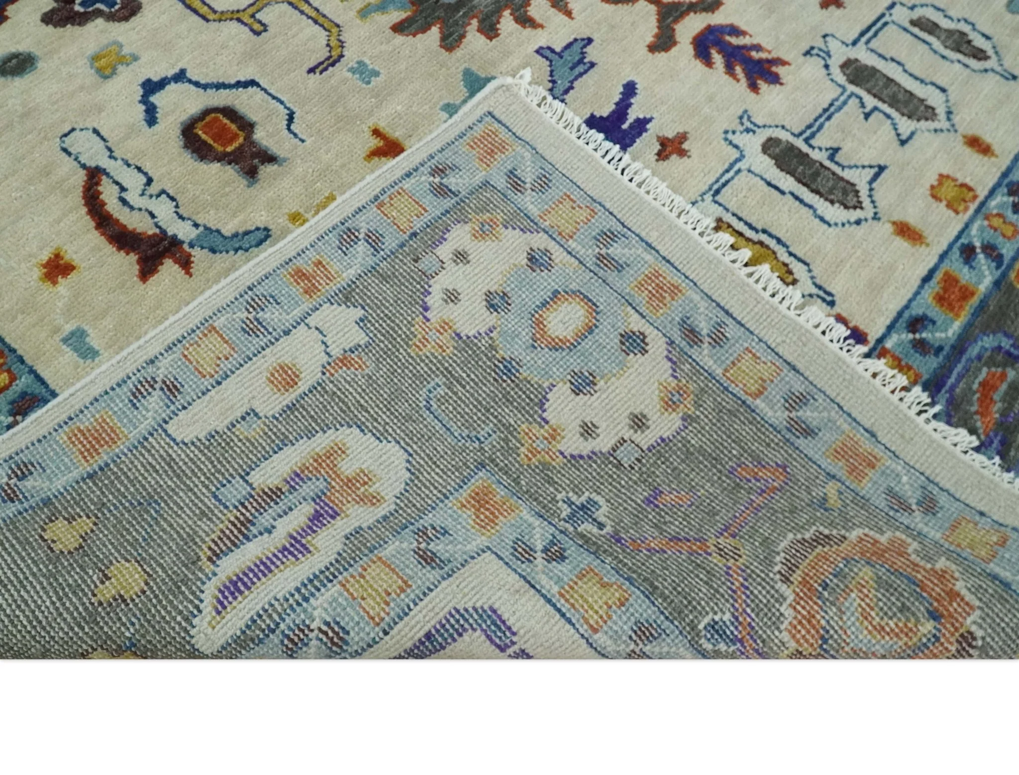 Vibrant Colorful Hand Knotted Ivory, Charcoal and Blue Traditional Oushak Multi size Wool Area Rug - Image 8