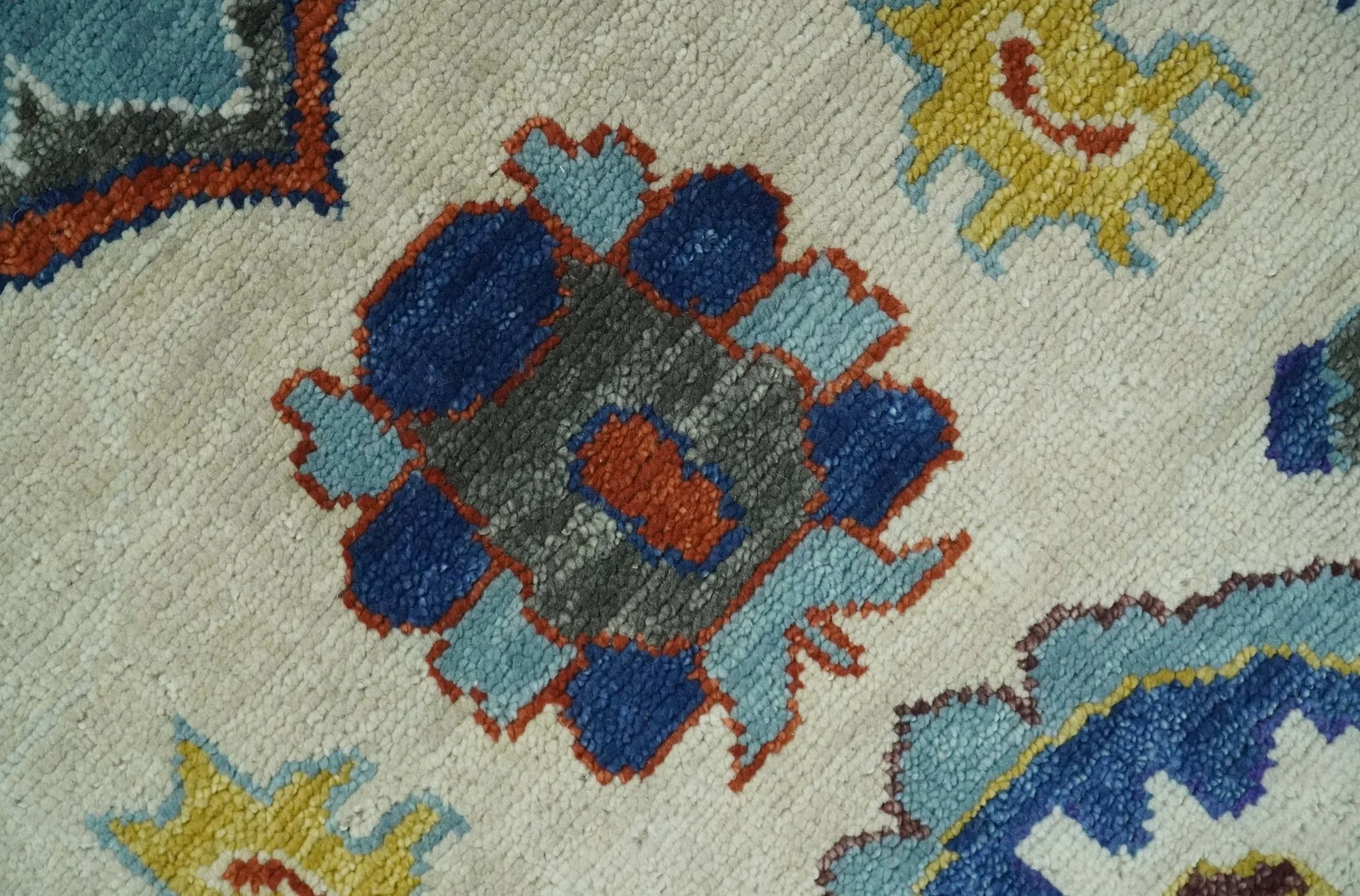 Vibrant Colorful Hand Knotted Ivory, Charcoal and Blue Traditional Oushak Multi size Wool Area Rug - Image 9