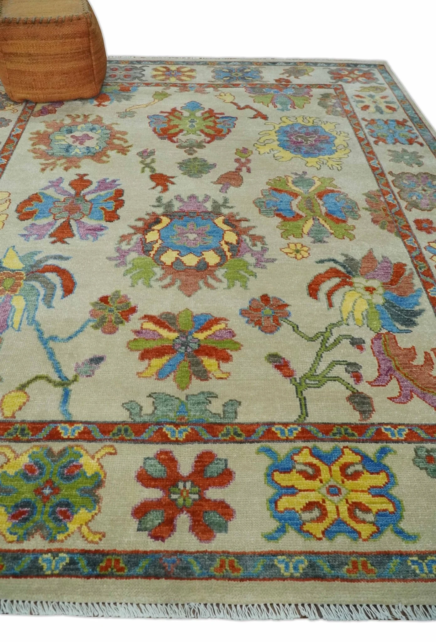 Custom Made Hand Knotted Beige with multicolor Traditional Oushak Wool area Rug - Image 3