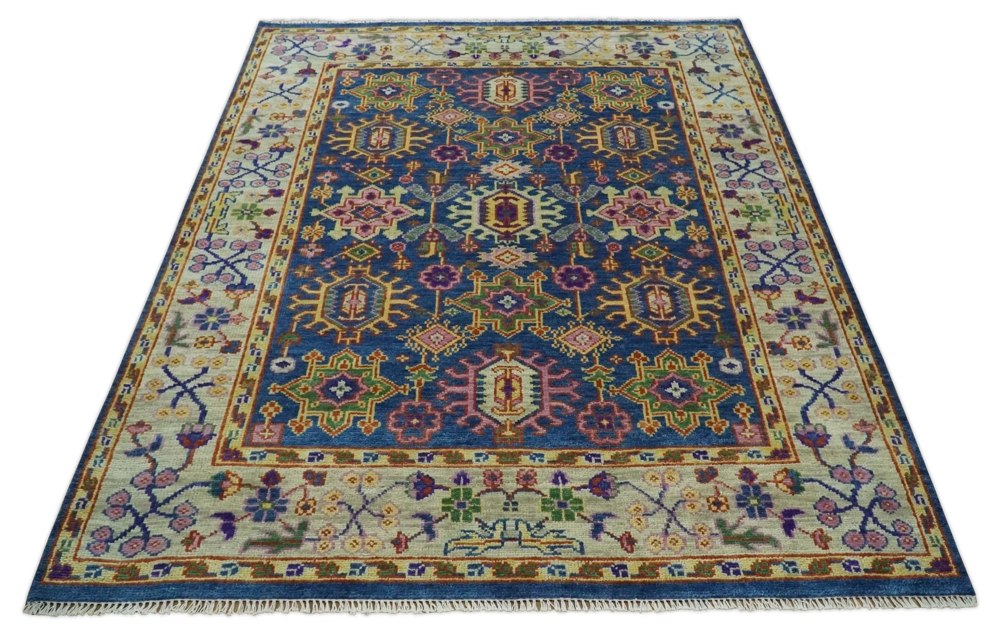 Hand Knotted Blue and Beige Persian Oushak Wool Rug - Image 11