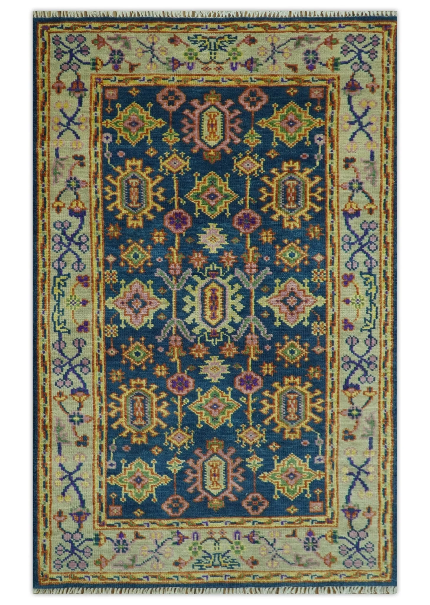Hand Knotted Blue and Beige Persian Oushak Wool Rug - Image 12