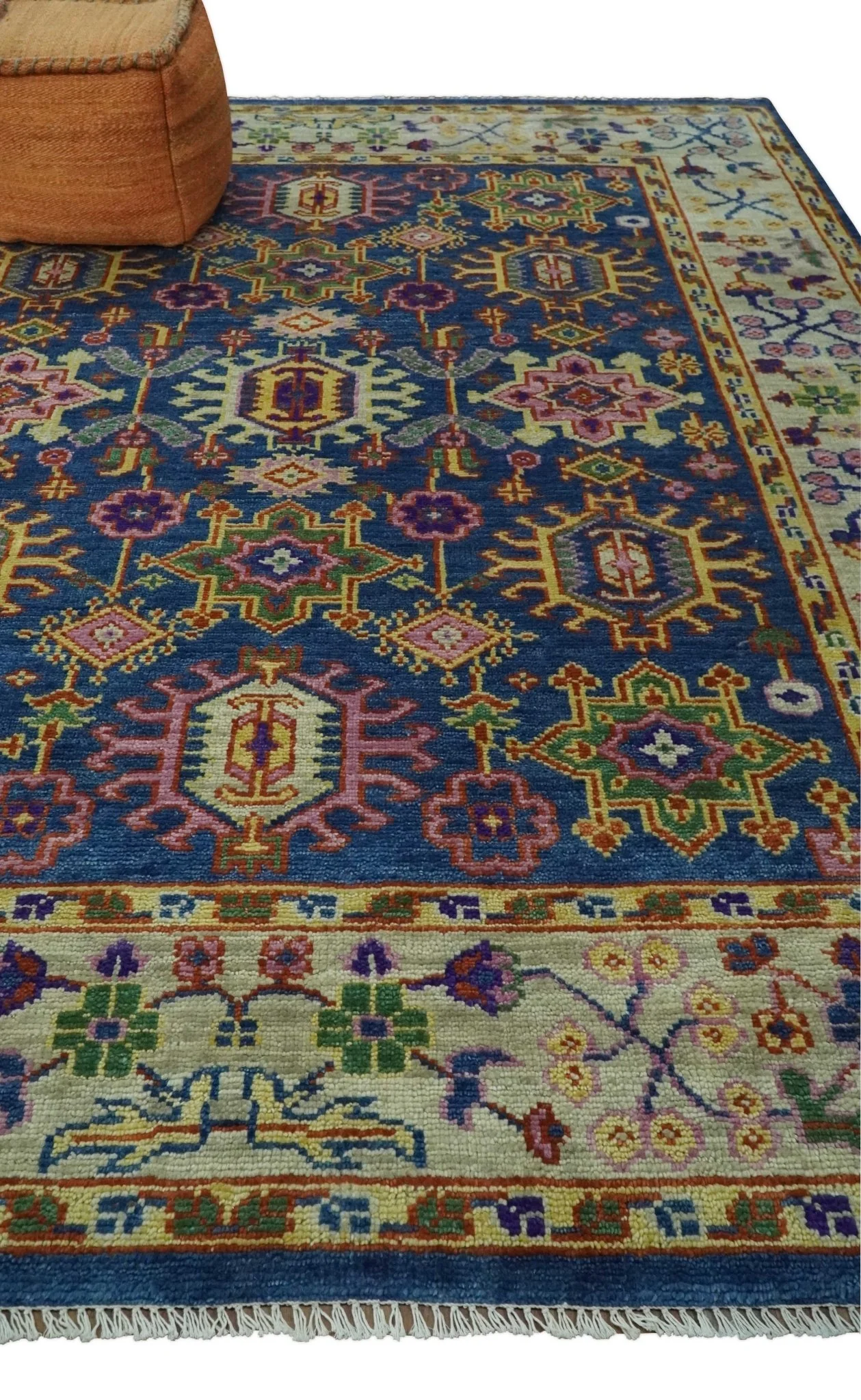 Hand Knotted Blue and Beige Persian Oushak Wool Rug - Image 5