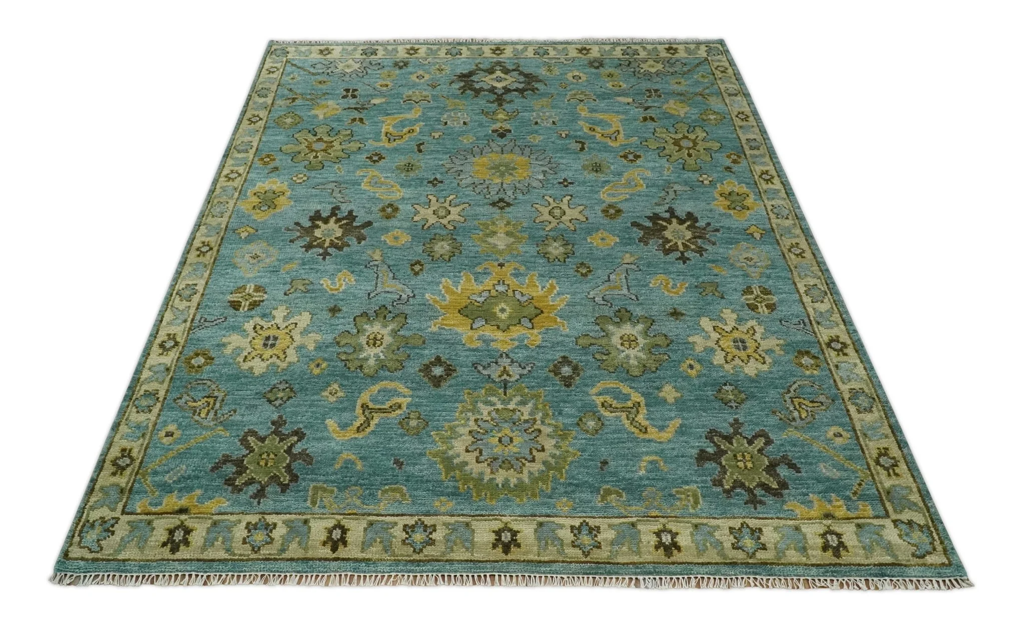 Hand Knotted Teal and Gold Traditional Oushak Multi Size Wool Area Rug - Image 10