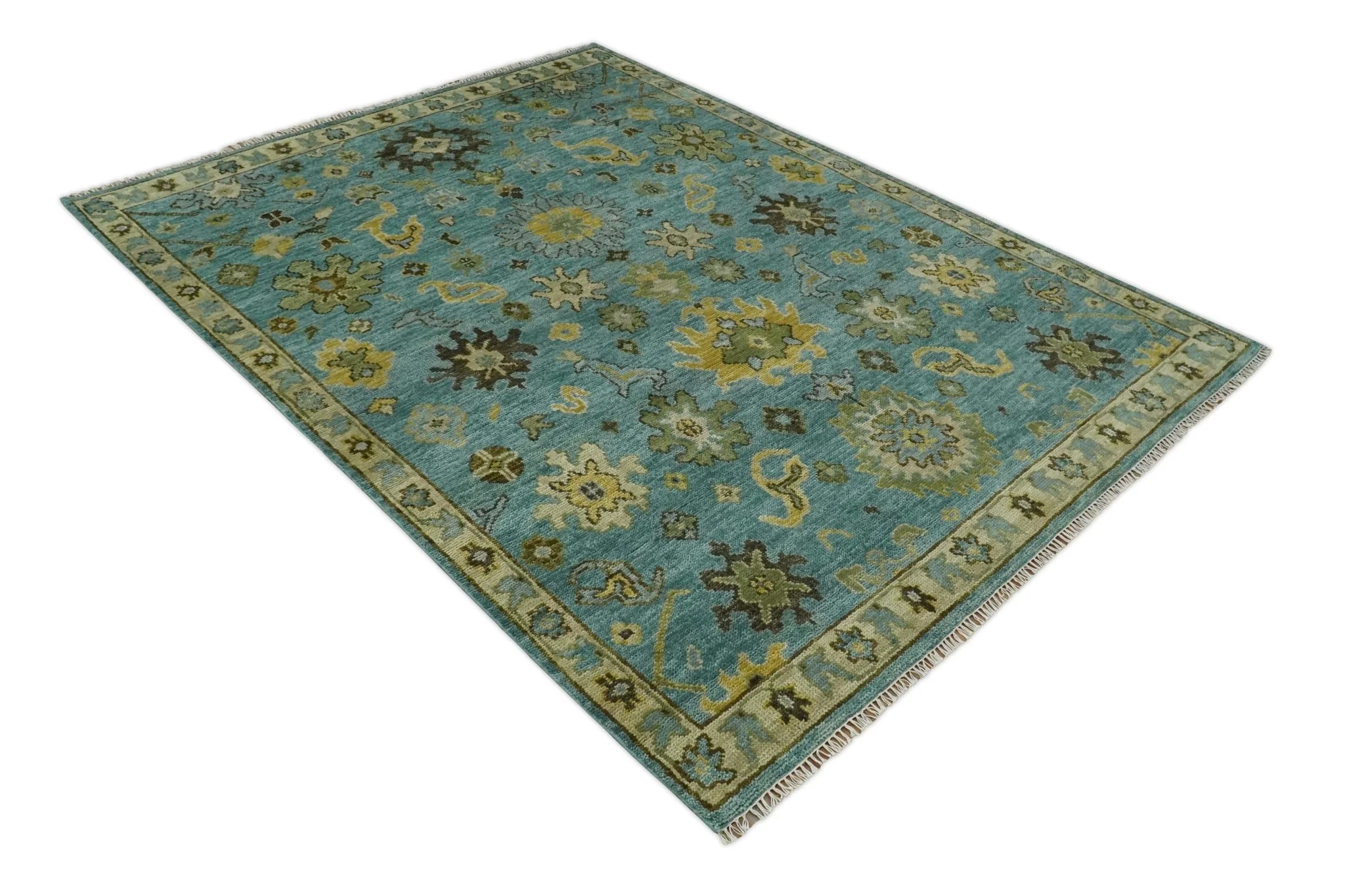 Hand Knotted Teal and Gold Traditional Oushak Multi Size Wool Area Rug - Image 11