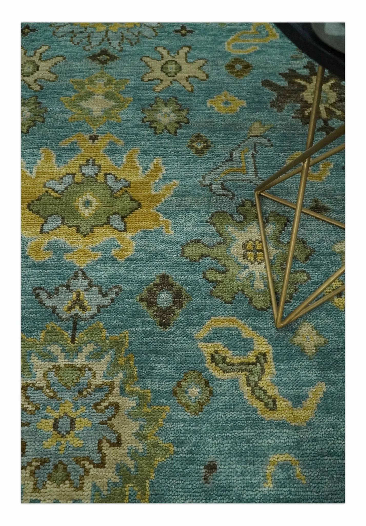 Hand Knotted Teal and Gold Traditional Oushak Multi Size Wool Area Rug - Image 2