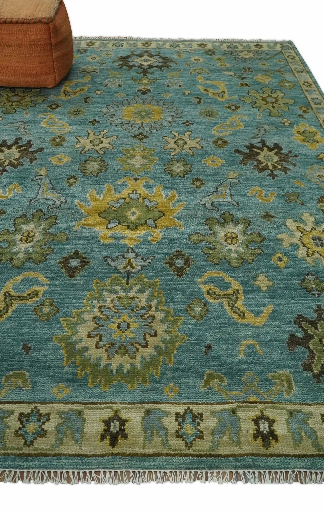 Hand Knotted Teal and Gold Traditional Oushak Multi Size Wool Area Rug - Image 3