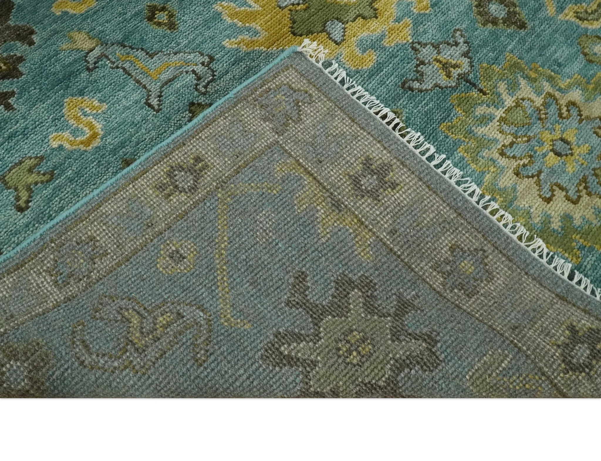 Hand Knotted Teal and Gold Traditional Oushak Multi Size Wool Area Rug - Image 4