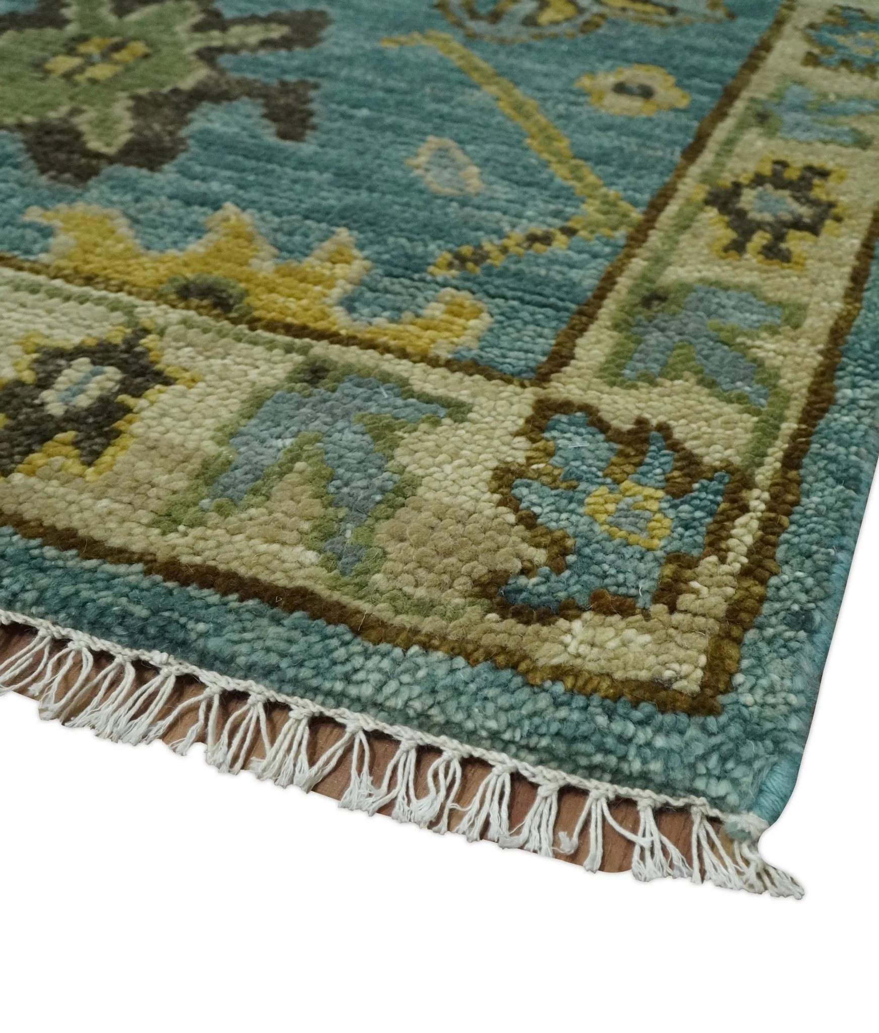 Hand Knotted Teal and Gold Traditional Oushak Multi Size Wool Area Rug - Image 7