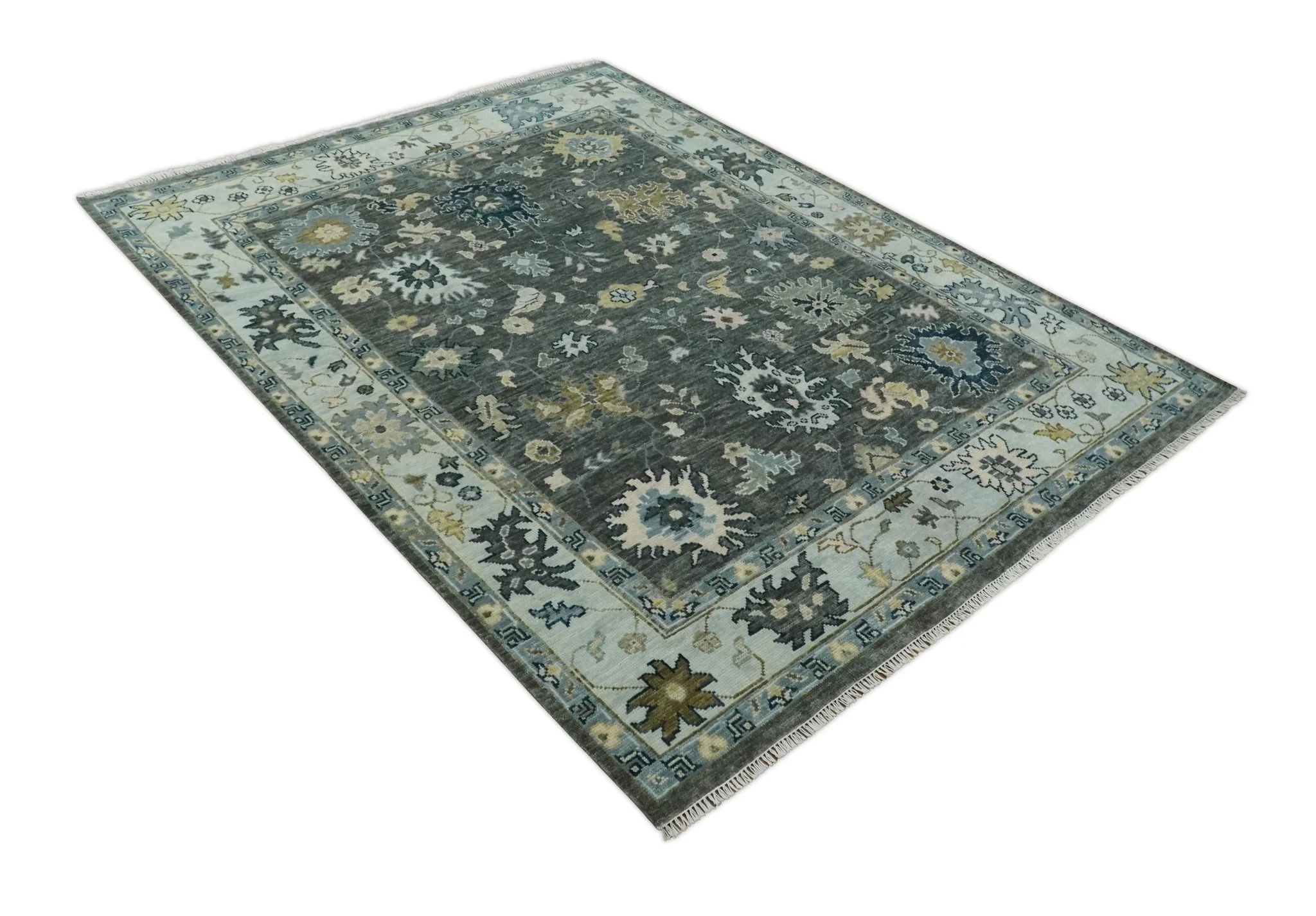 Custom Made Hand Knotted Charcoal and Ivory Traditional Oushak Wool Area Rug - Image 10