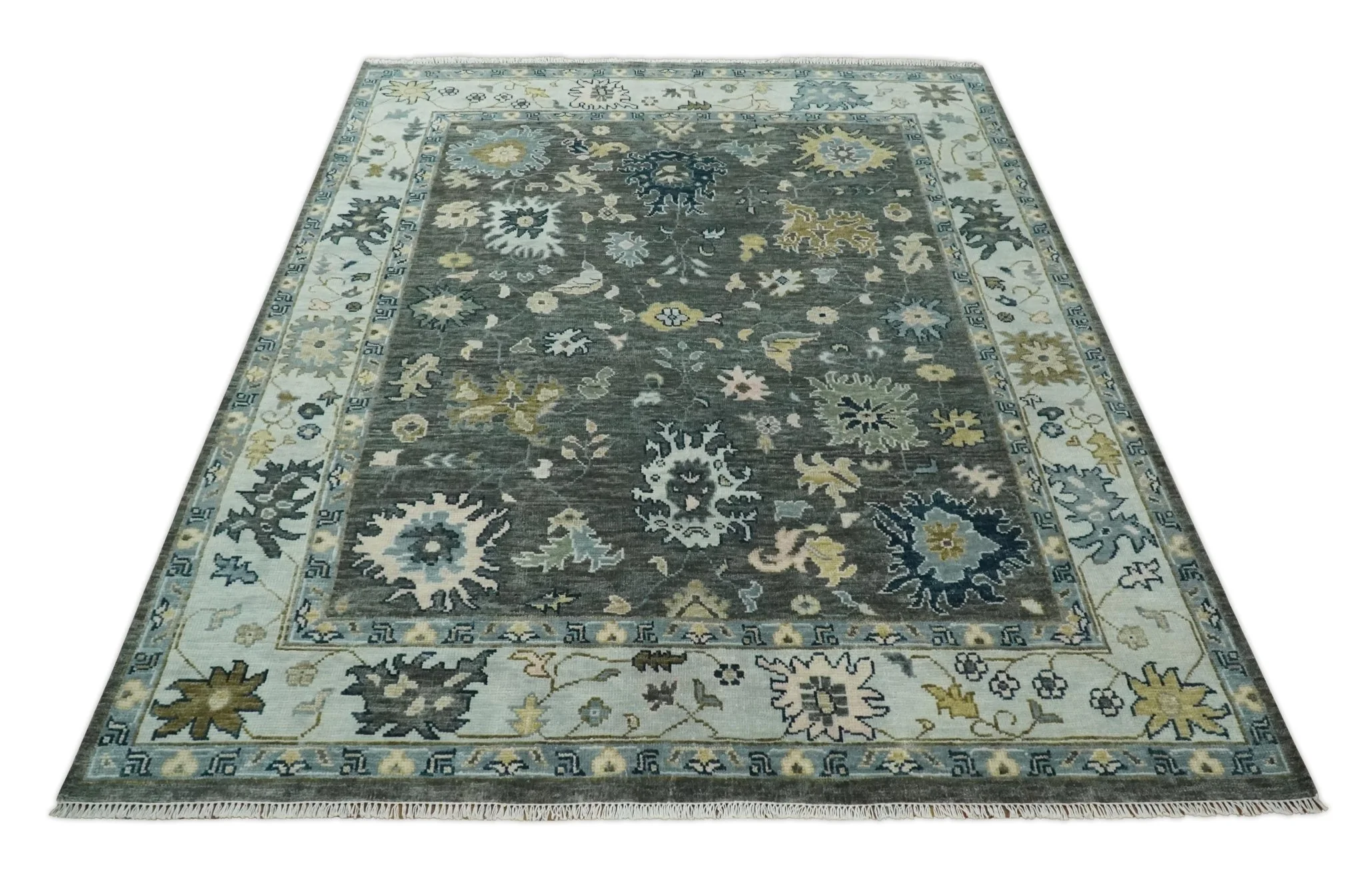 Custom Made Hand Knotted Charcoal and Ivory Traditional Oushak Wool Area Rug - Image 11