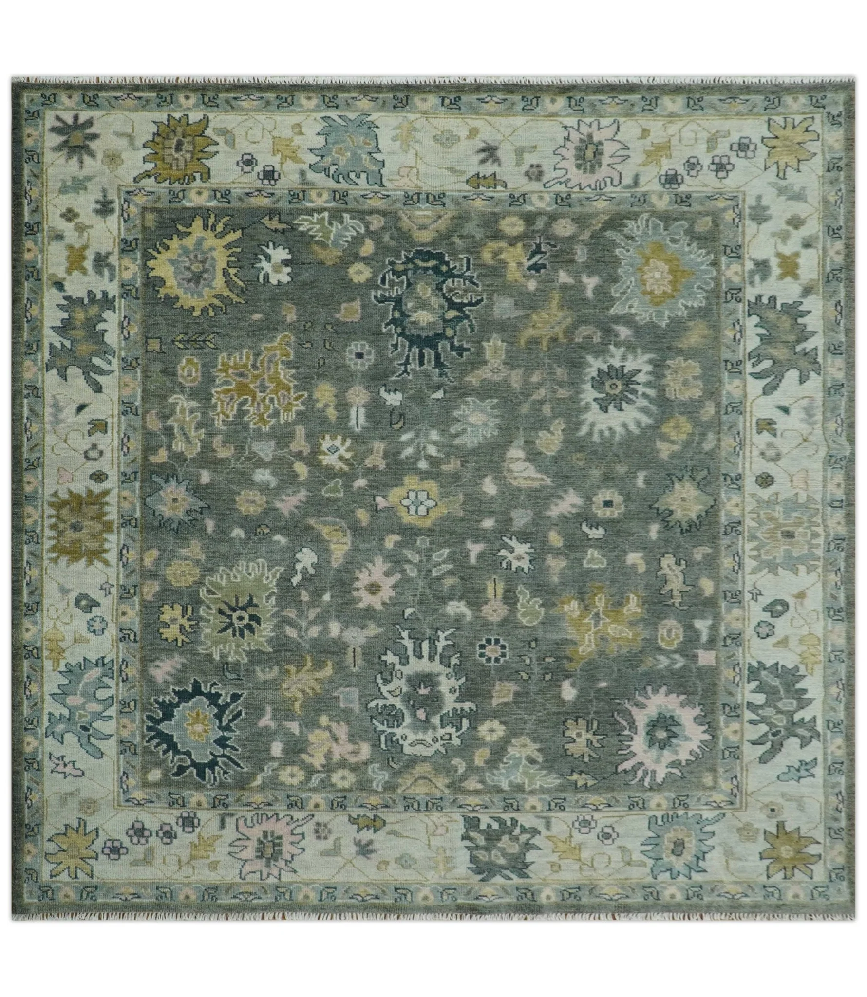Custom Made Hand Knotted Charcoal and Ivory Traditional Oushak Wool Area Rug - Image 12