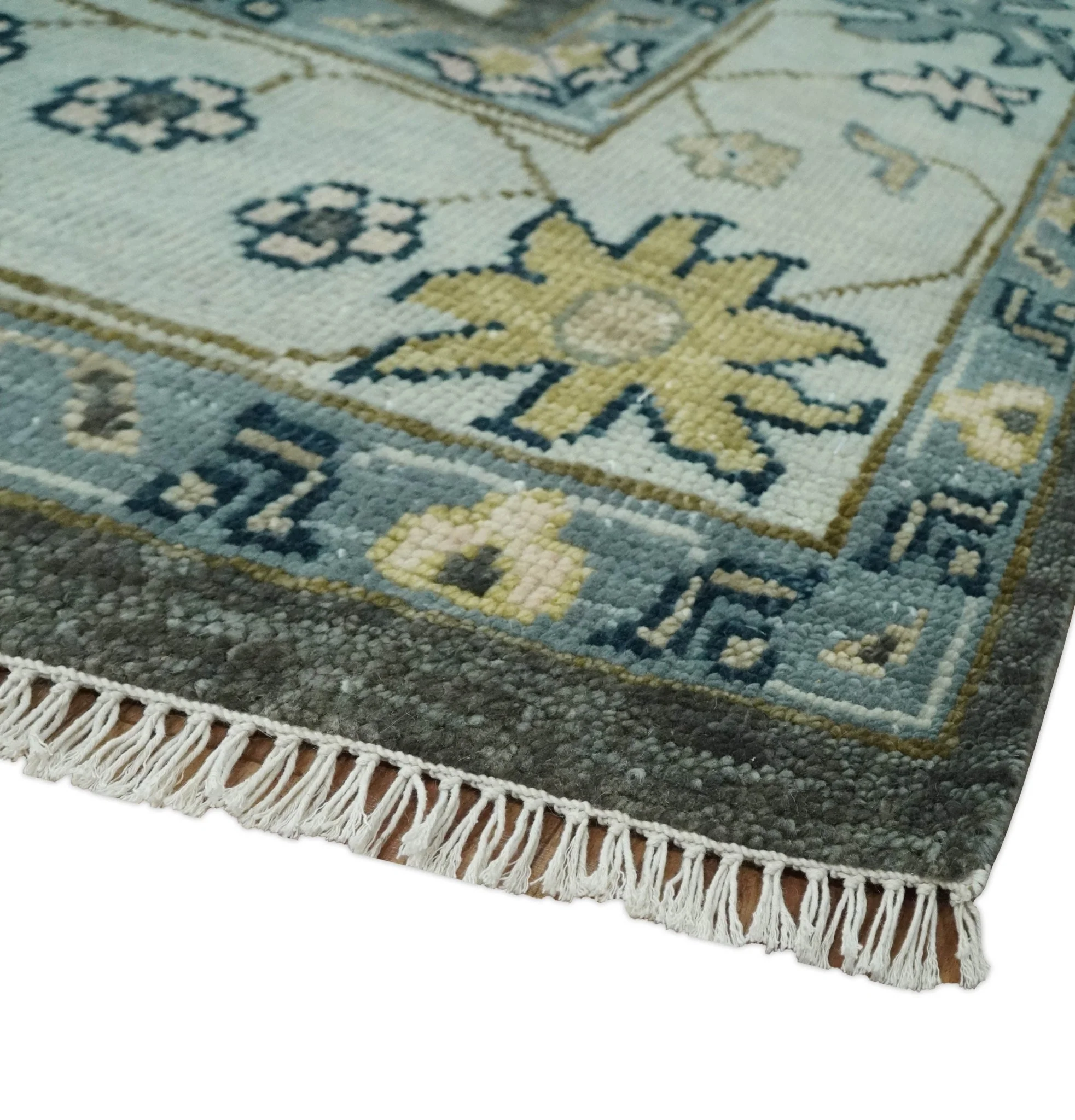 Custom Made Hand Knotted Charcoal and Ivory Traditional Oushak Wool Area Rug - Image 3