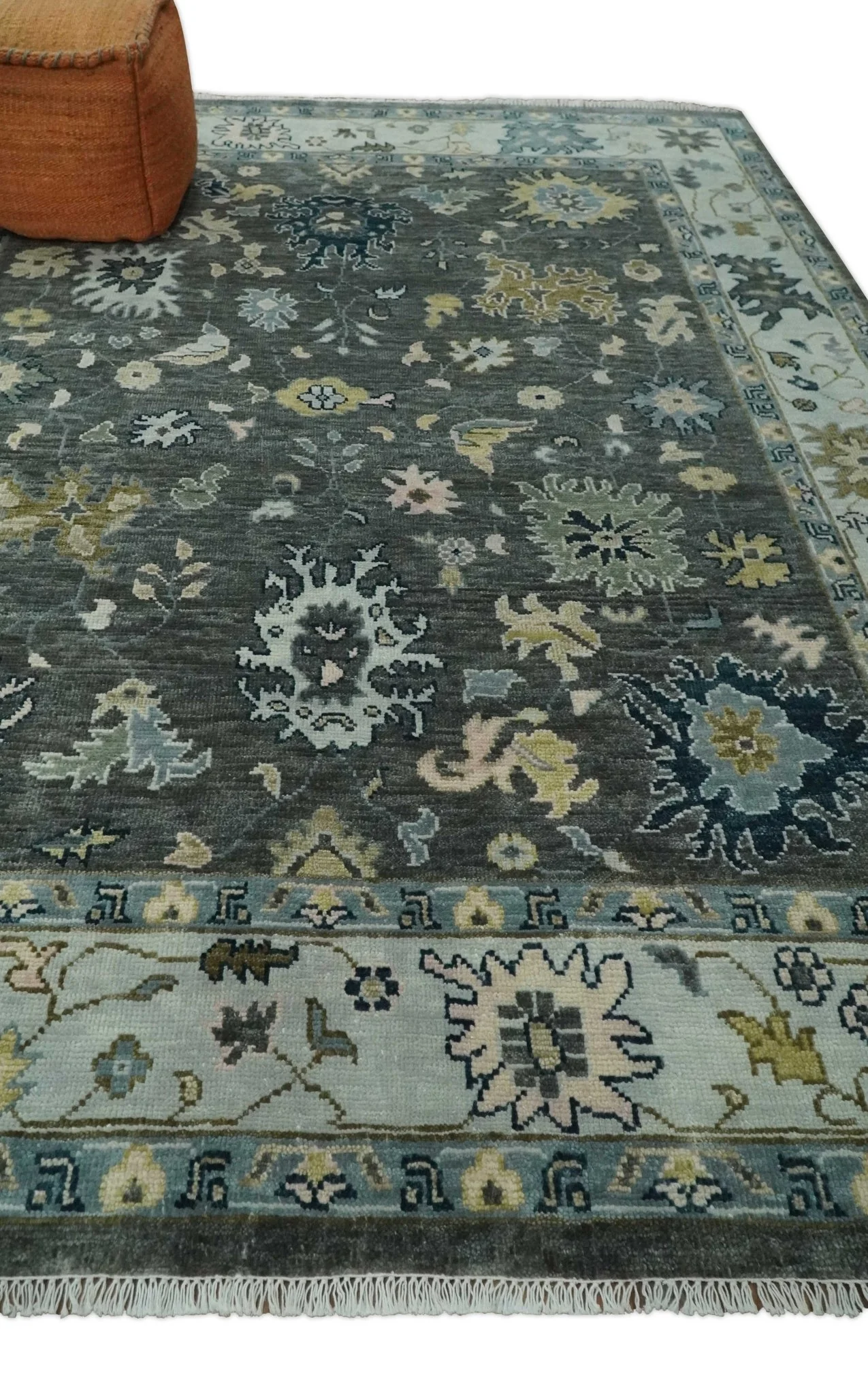Custom Made Hand Knotted Charcoal and Ivory Traditional Oushak Wool Area Rug - Image 4