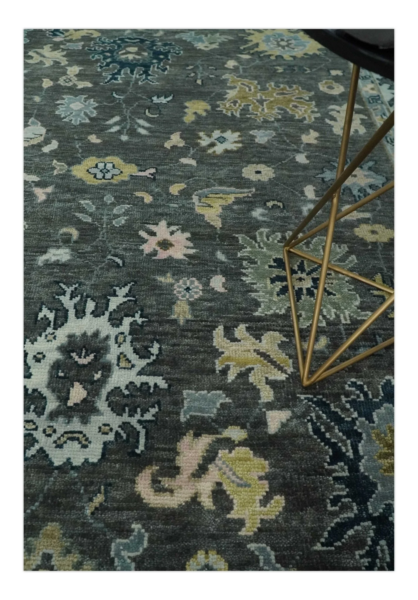 Custom Made Hand Knotted Charcoal and Ivory Traditional Oushak Wool Area Rug - Image 5