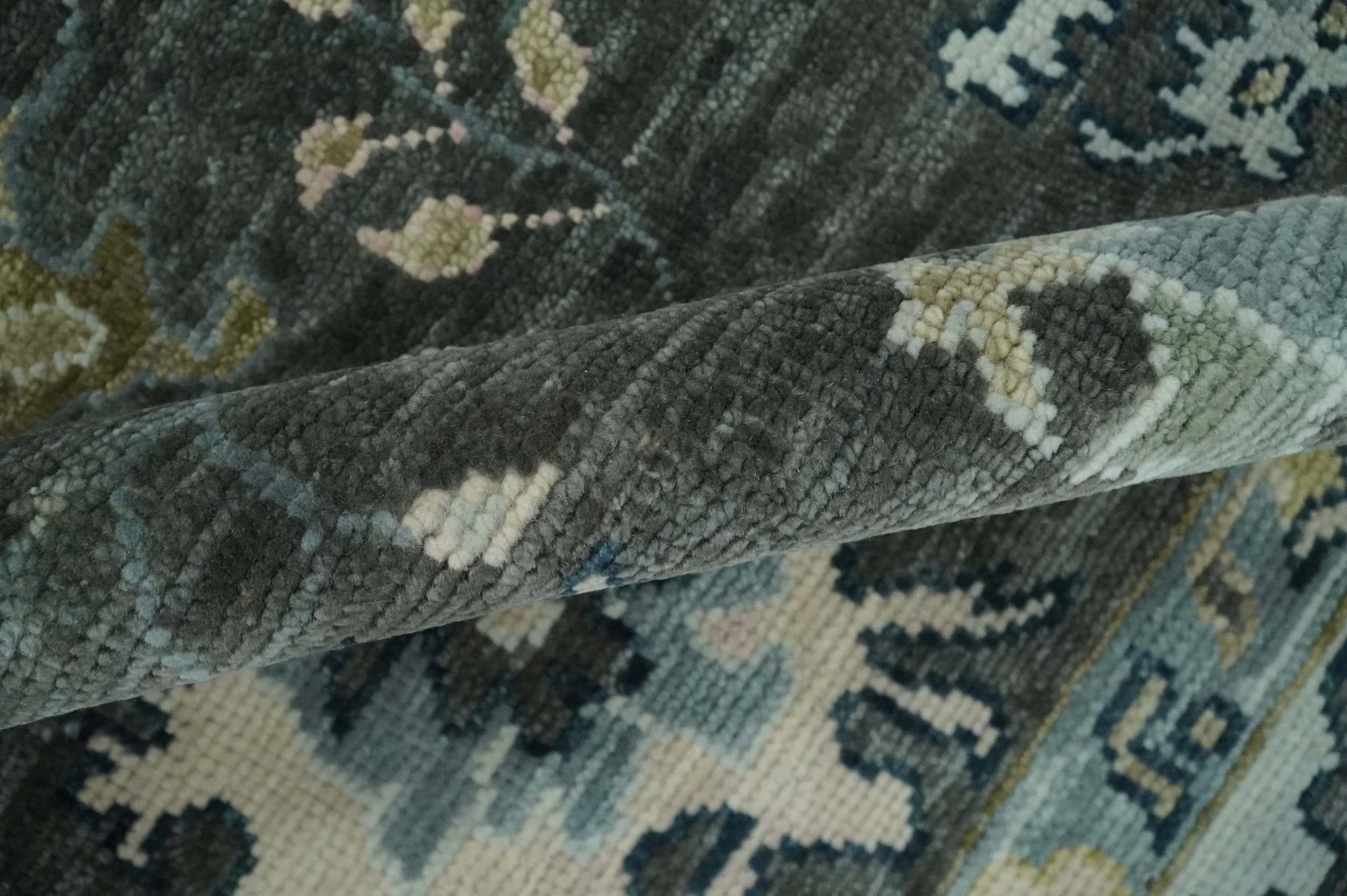Custom Made Hand Knotted Charcoal and Ivory Traditional Oushak Wool Area Rug - Image 6