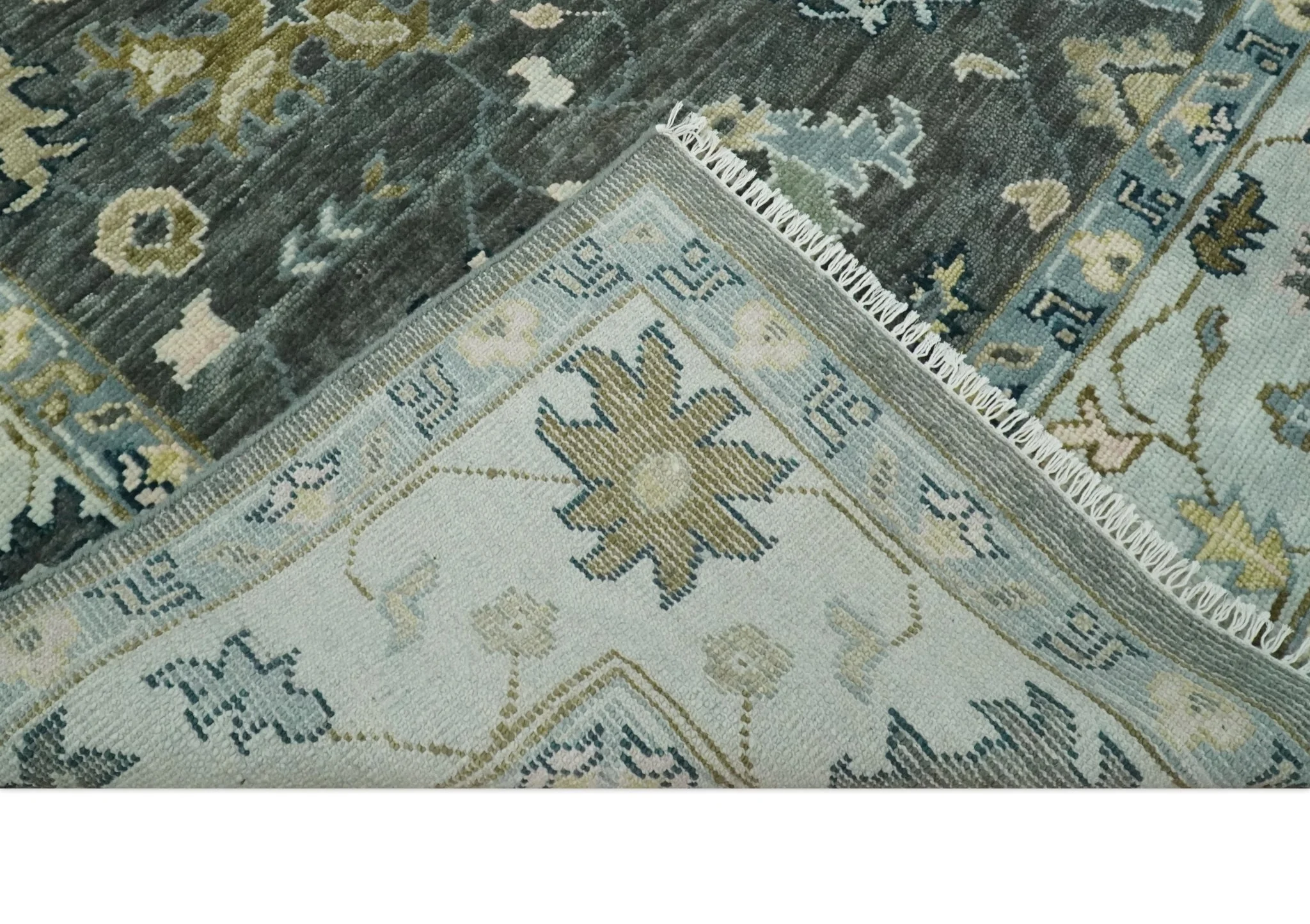Custom Made Hand Knotted Charcoal and Ivory Traditional Oushak Wool Area Rug - Image 7