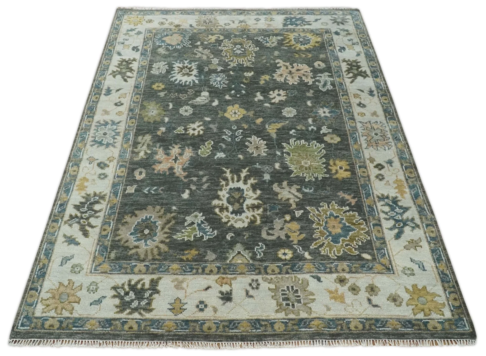 Custom Made Hand Knotted Green and Ivory Traditional Oushak Wool Rug - Image 10