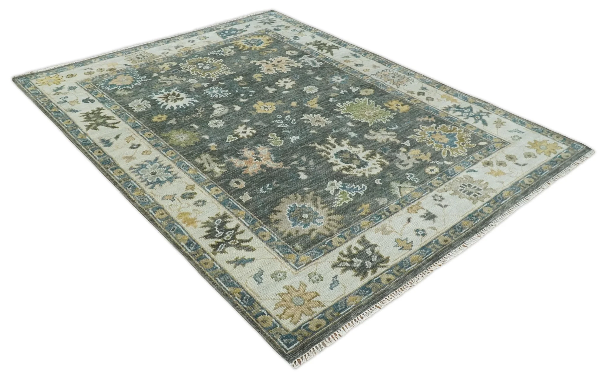 Custom Made Hand Knotted Green and Ivory Traditional Oushak Wool Rug - Image 11