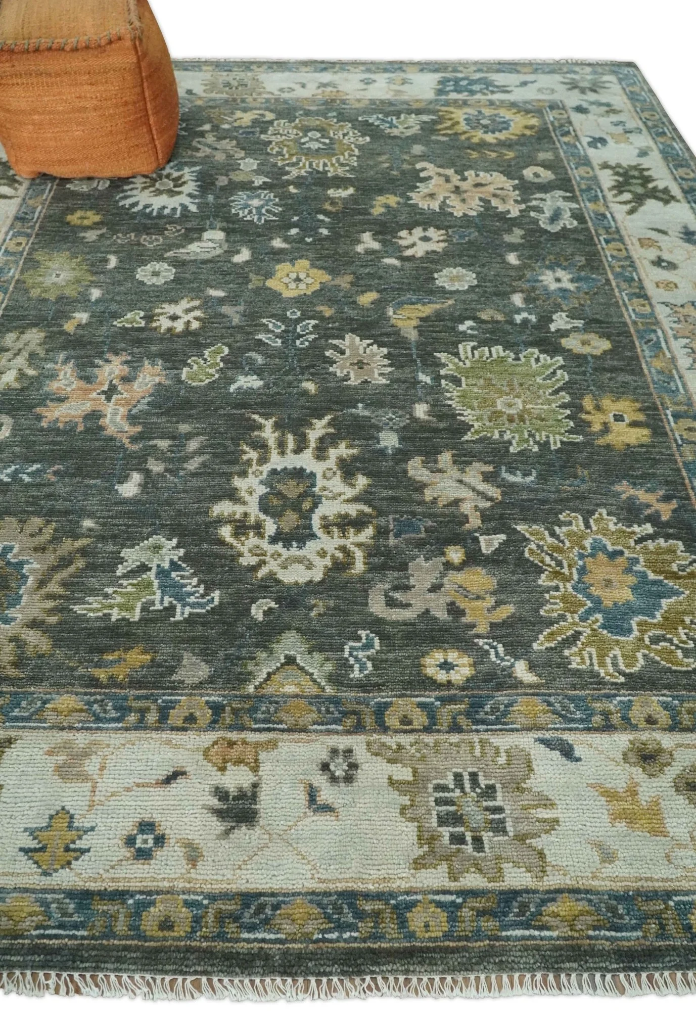 Custom Made Hand Knotted Green and Ivory Traditional Oushak Wool Rug - Image 3