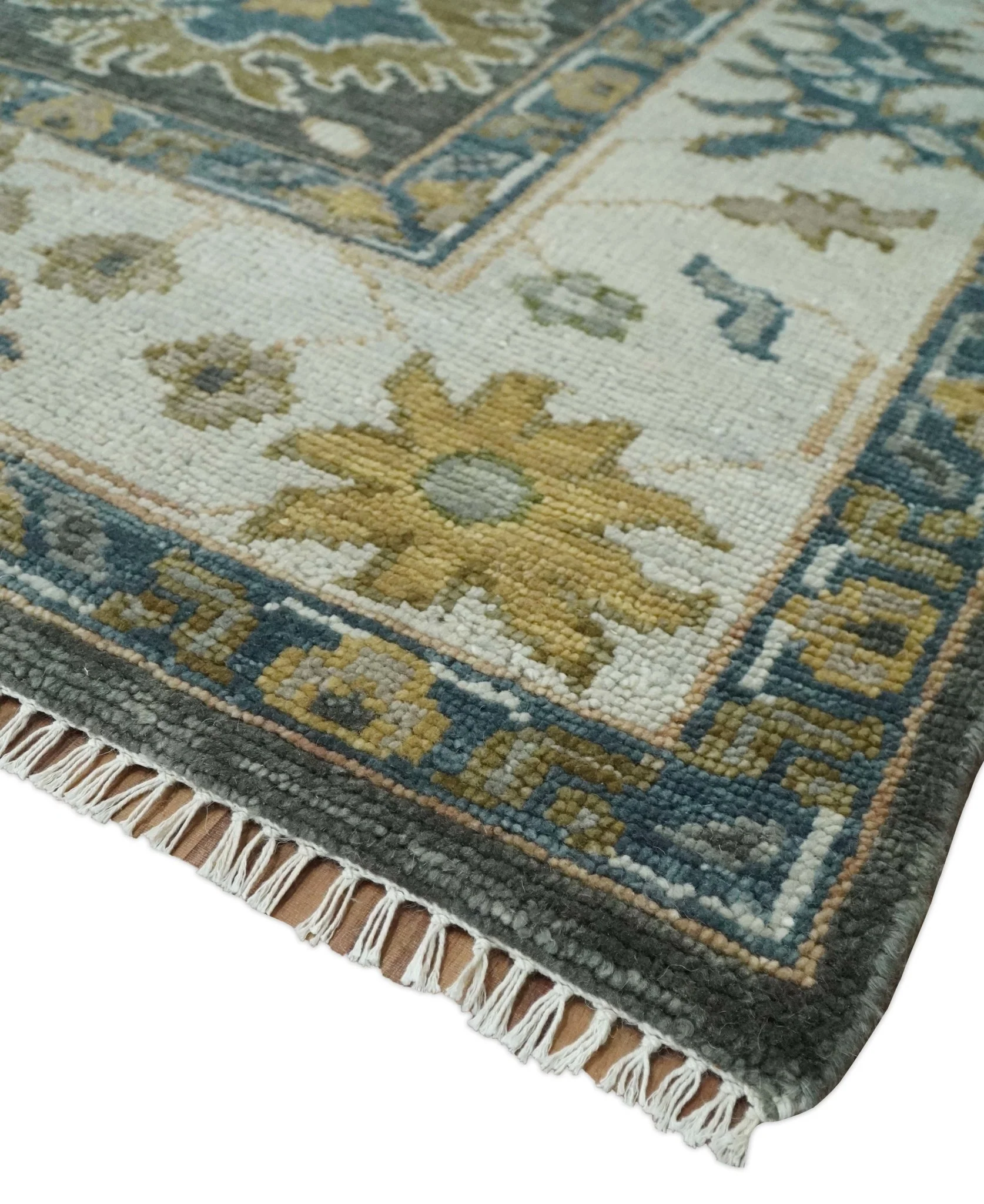 Custom Made Hand Knotted Green and Ivory Traditional Oushak Wool Rug - Image 5