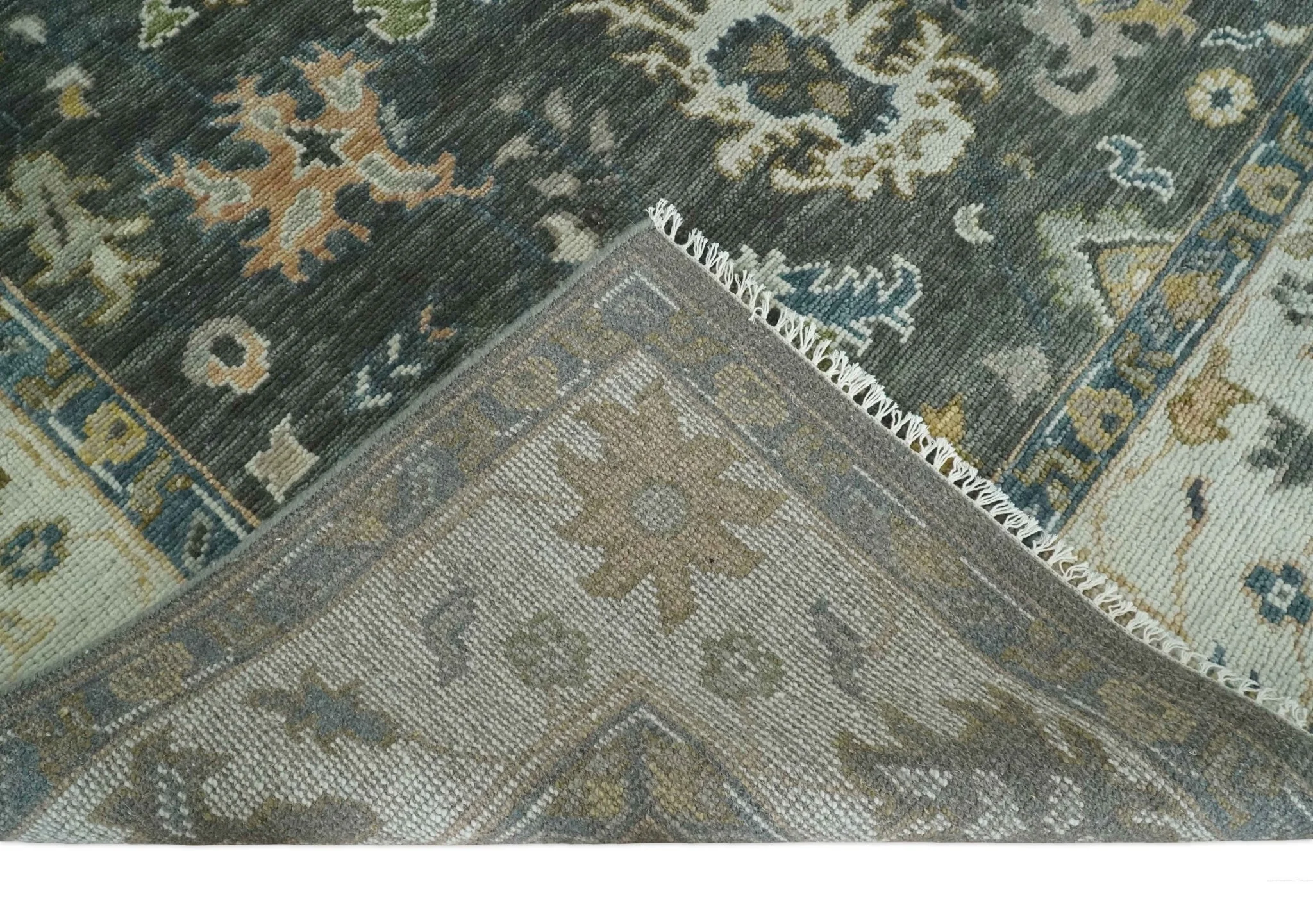 Custom Made Hand Knotted Green and Ivory Traditional Oushak Wool Rug - Image 7