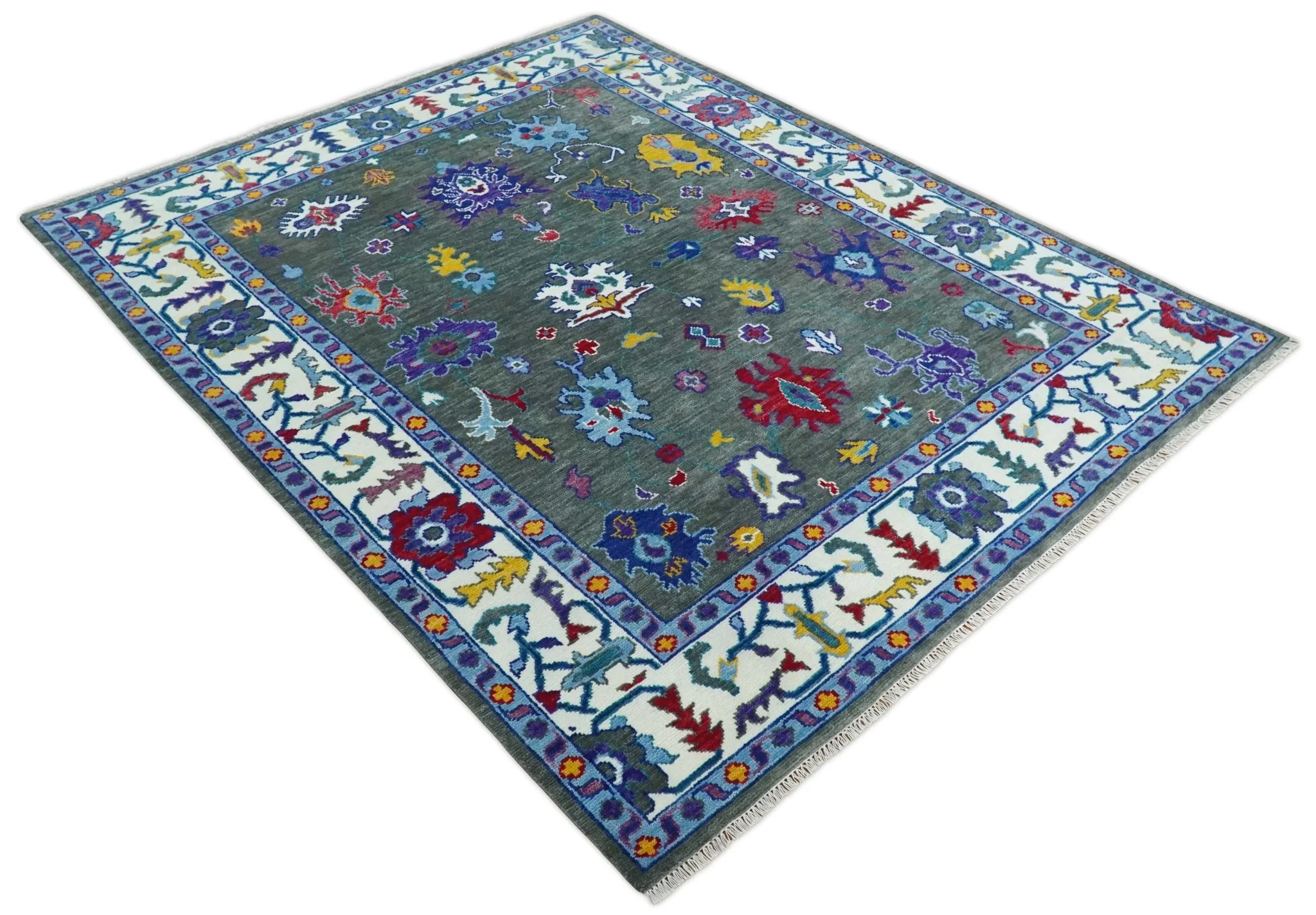 Hand Knotted Charcoal and Ivory Traditional Persian Oushak Wool Rug - Image 10