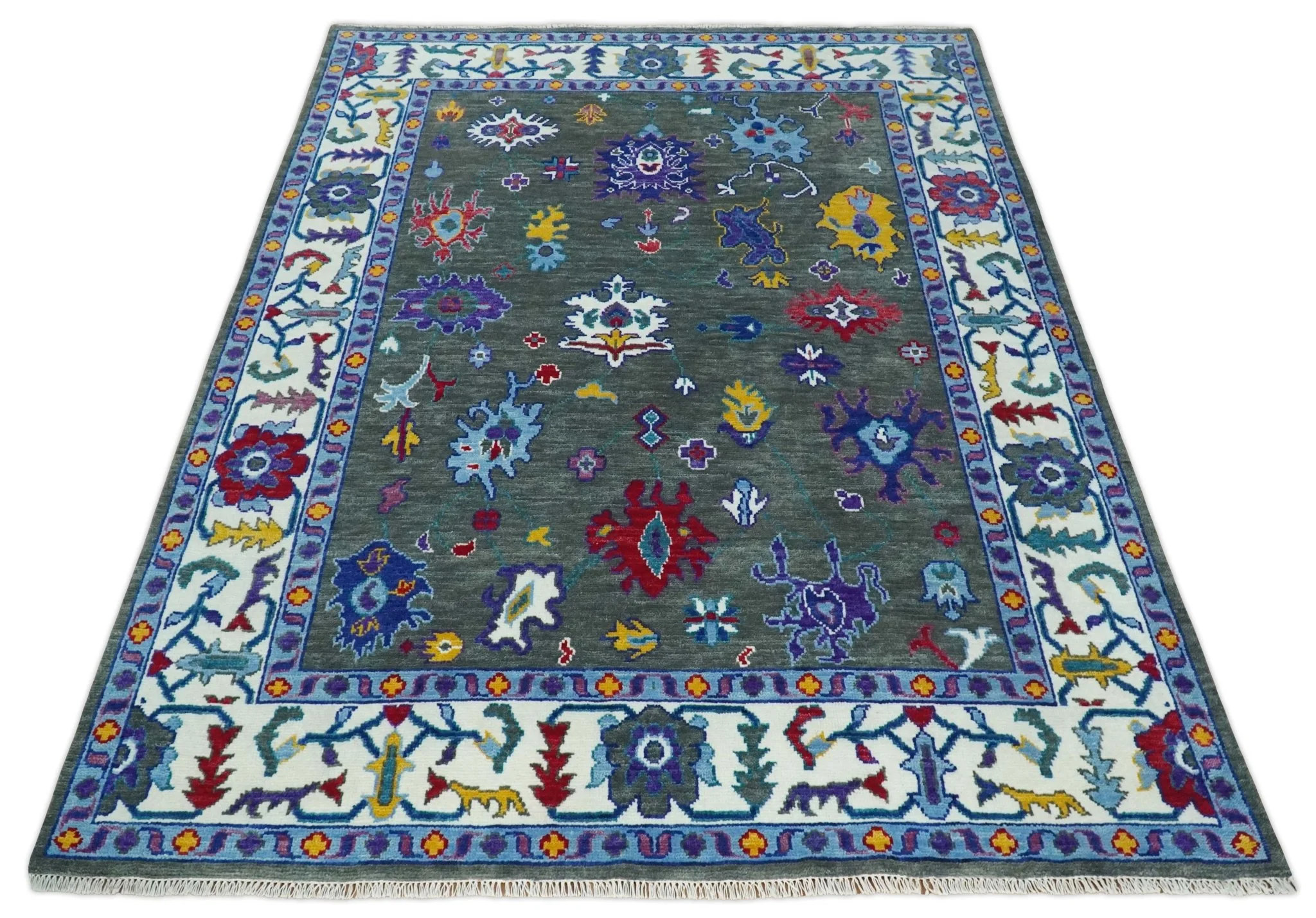 Hand Knotted Charcoal and Ivory Traditional Persian Oushak Wool Rug - Image 11