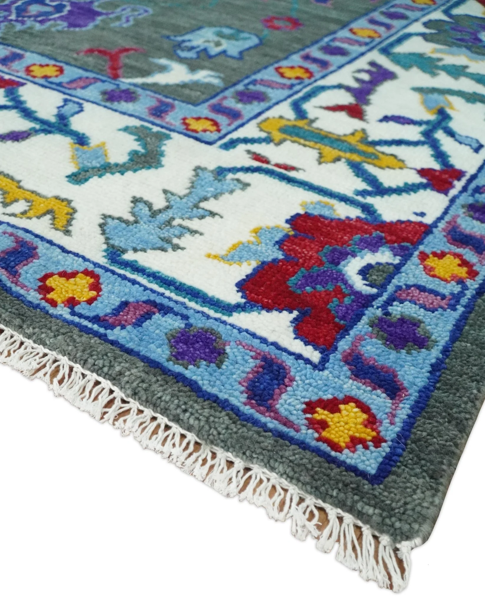 Hand Knotted Charcoal and Ivory Traditional Persian Oushak Wool Rug - Image 5
