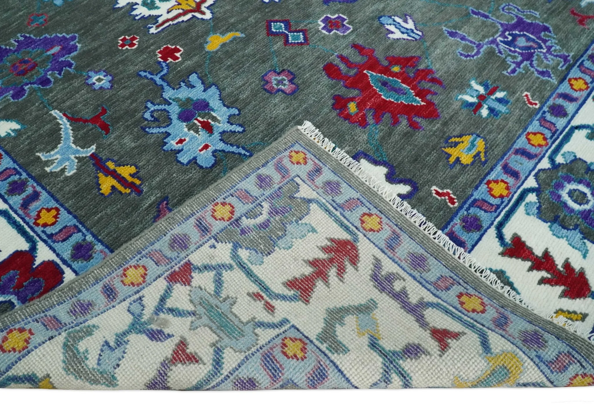 Hand Knotted Charcoal and Ivory Traditional Persian Oushak Wool Rug - Image 7