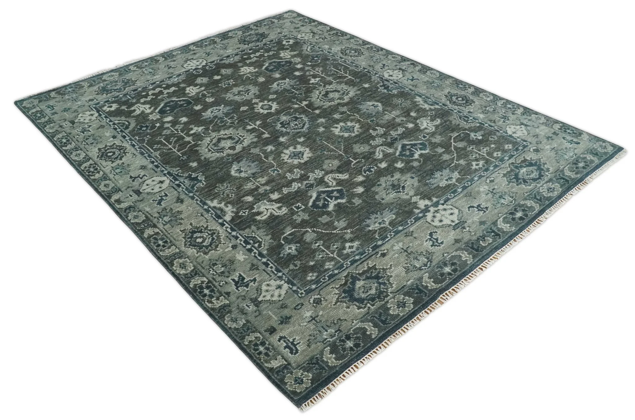 Antique Charcoal Hand Knotted Oushak Silver and Blue Traditional Wool Rug - Image 10
