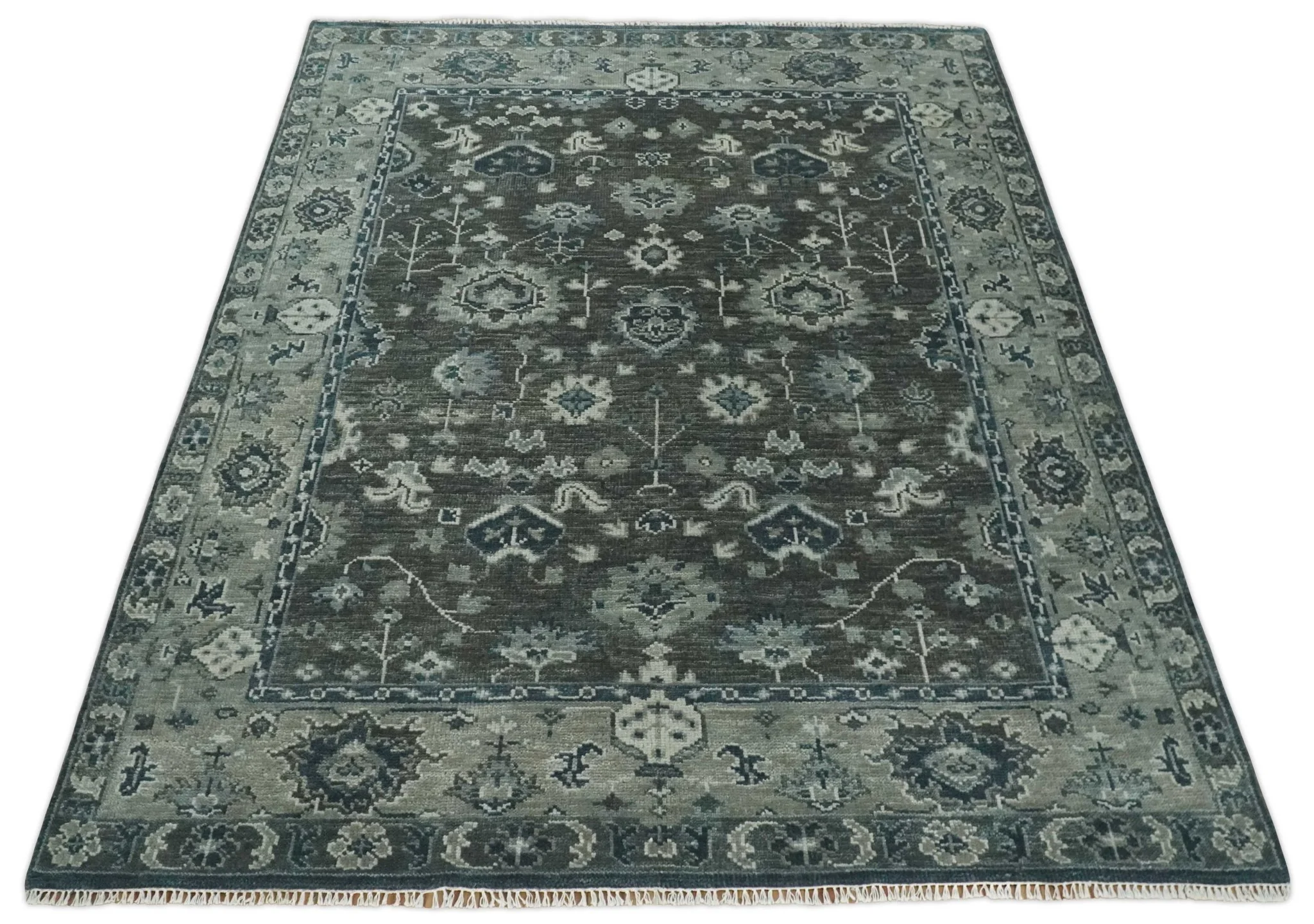 Antique Charcoal Hand Knotted Oushak Silver and Blue Traditional Wool Rug - Image 11